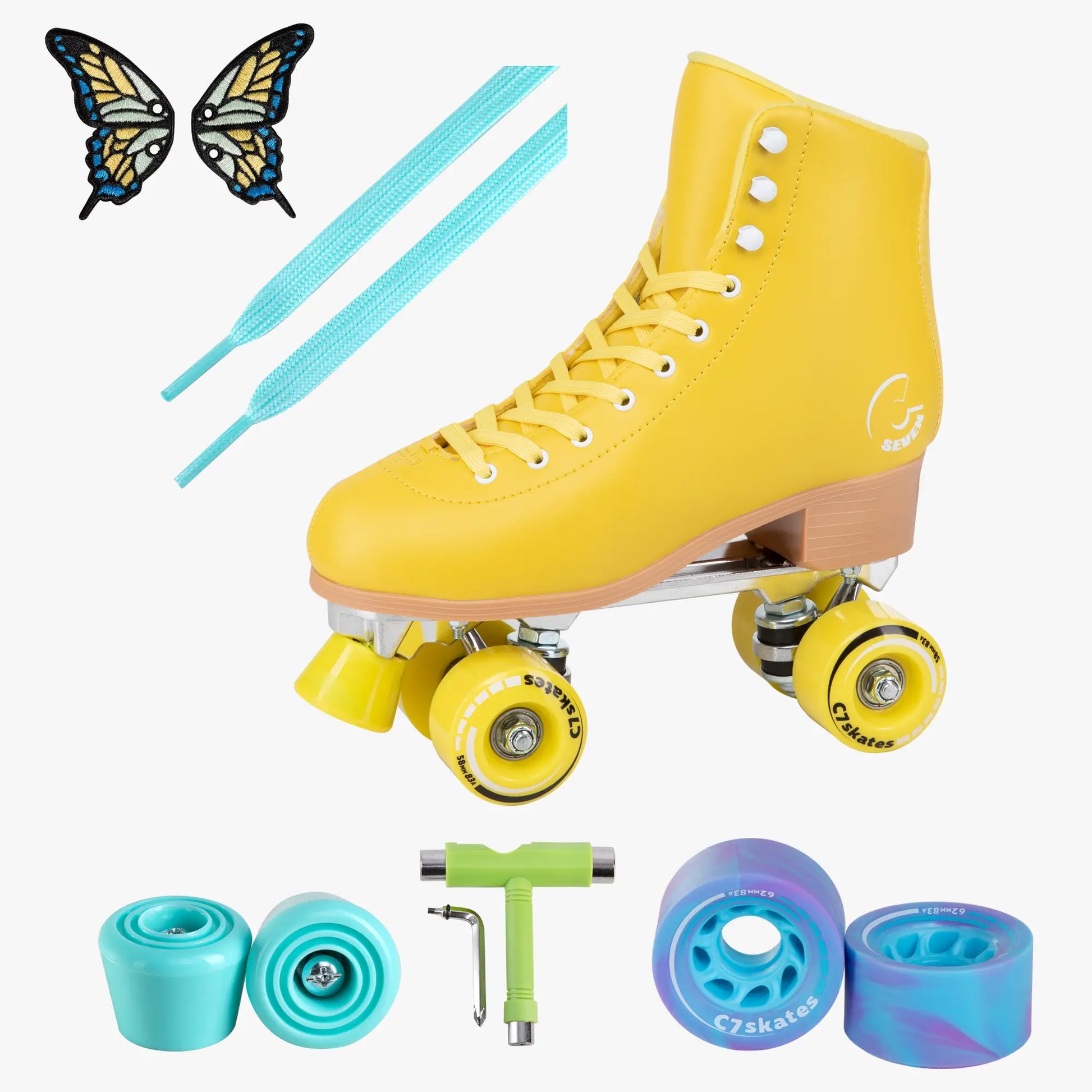 Yellow roller skates with accessories on a white background