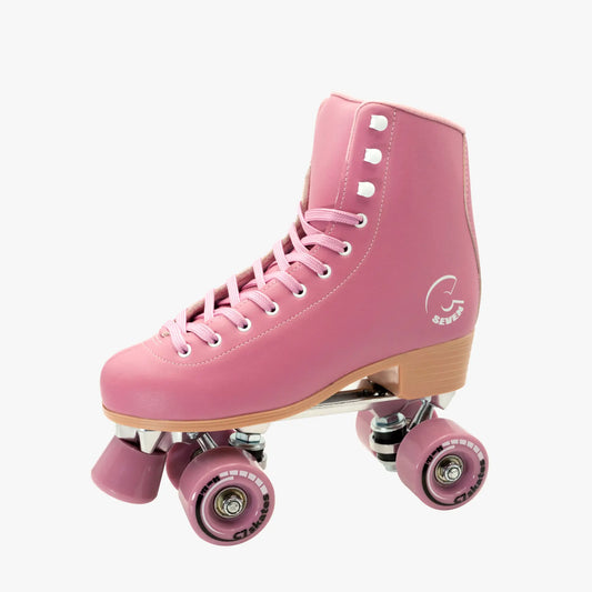 Pink roller skates with a visible brand logo on a white background