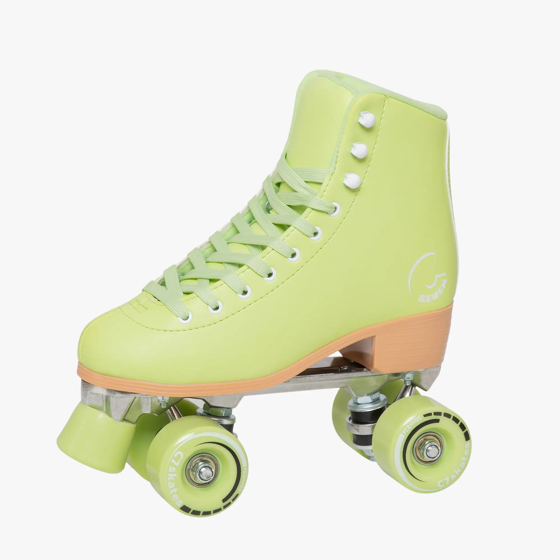 Light green roller skate with orange accents on a white background