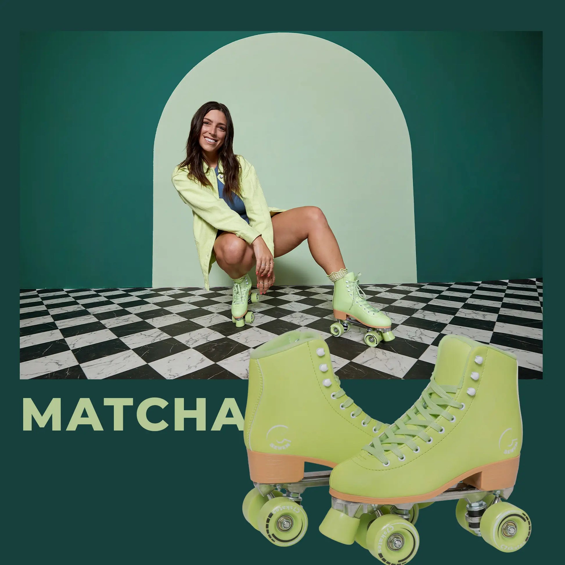Woman sitting on a checkered floor with green archway, wearing green roller skates. Matcha-colored roller skates are displayed in the foreground.