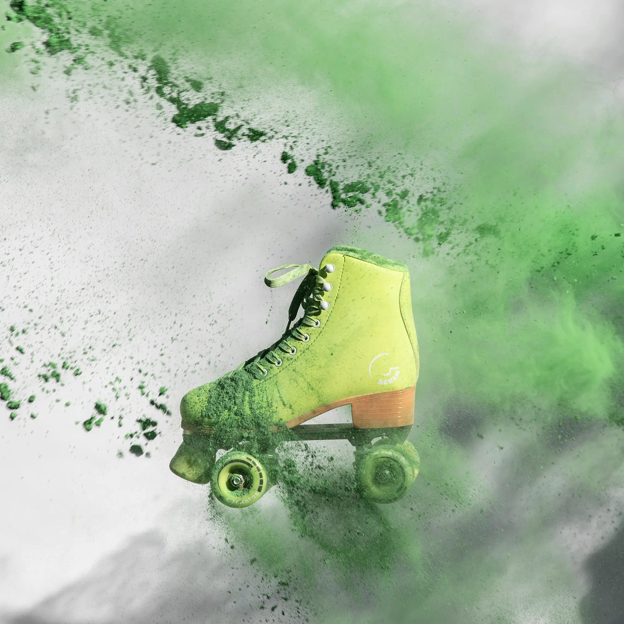 Green roller skate with a green and white abstract background