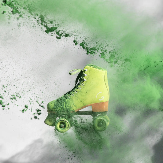 Green roller skate with a green and white abstract background