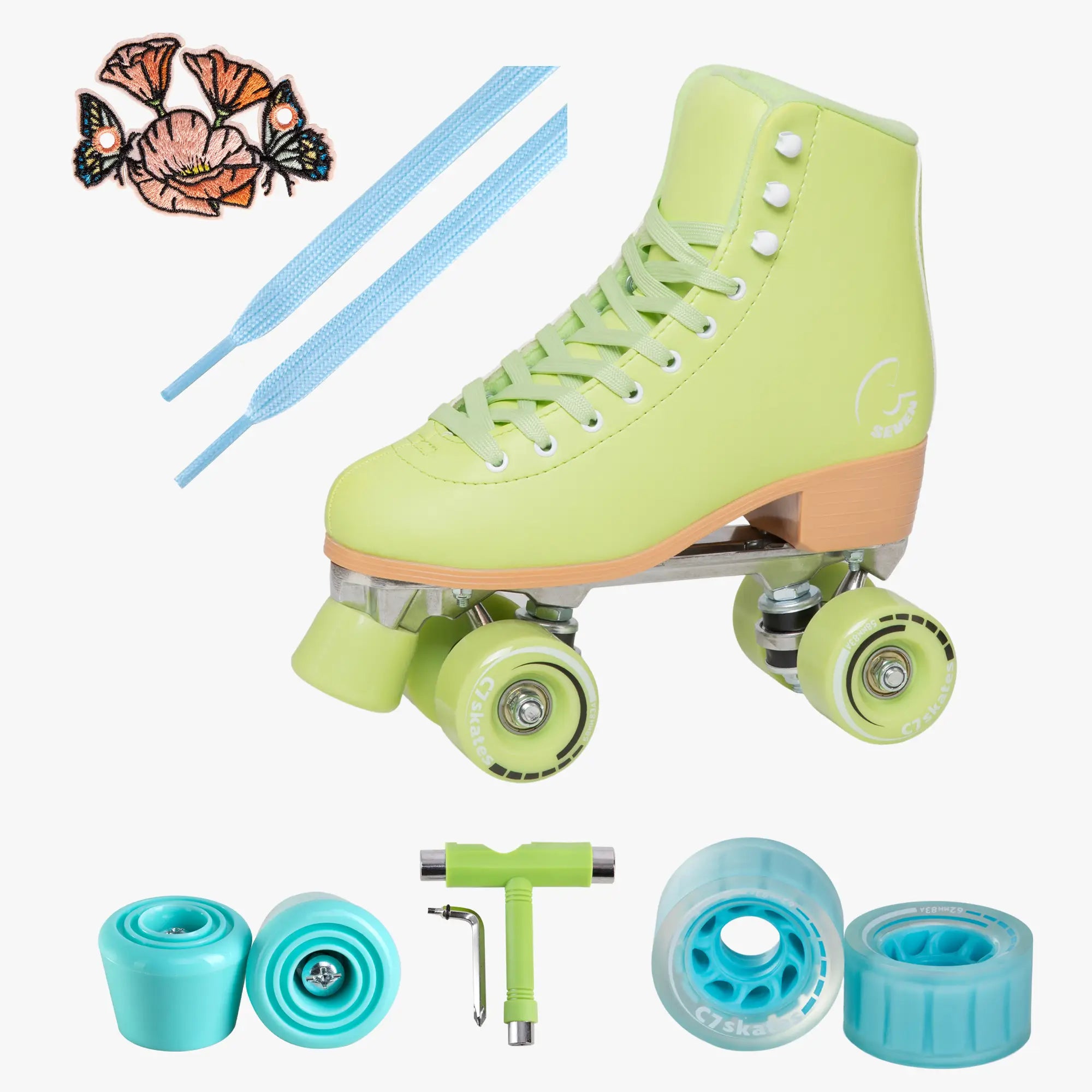 Light green roller skates with accessories on a white background