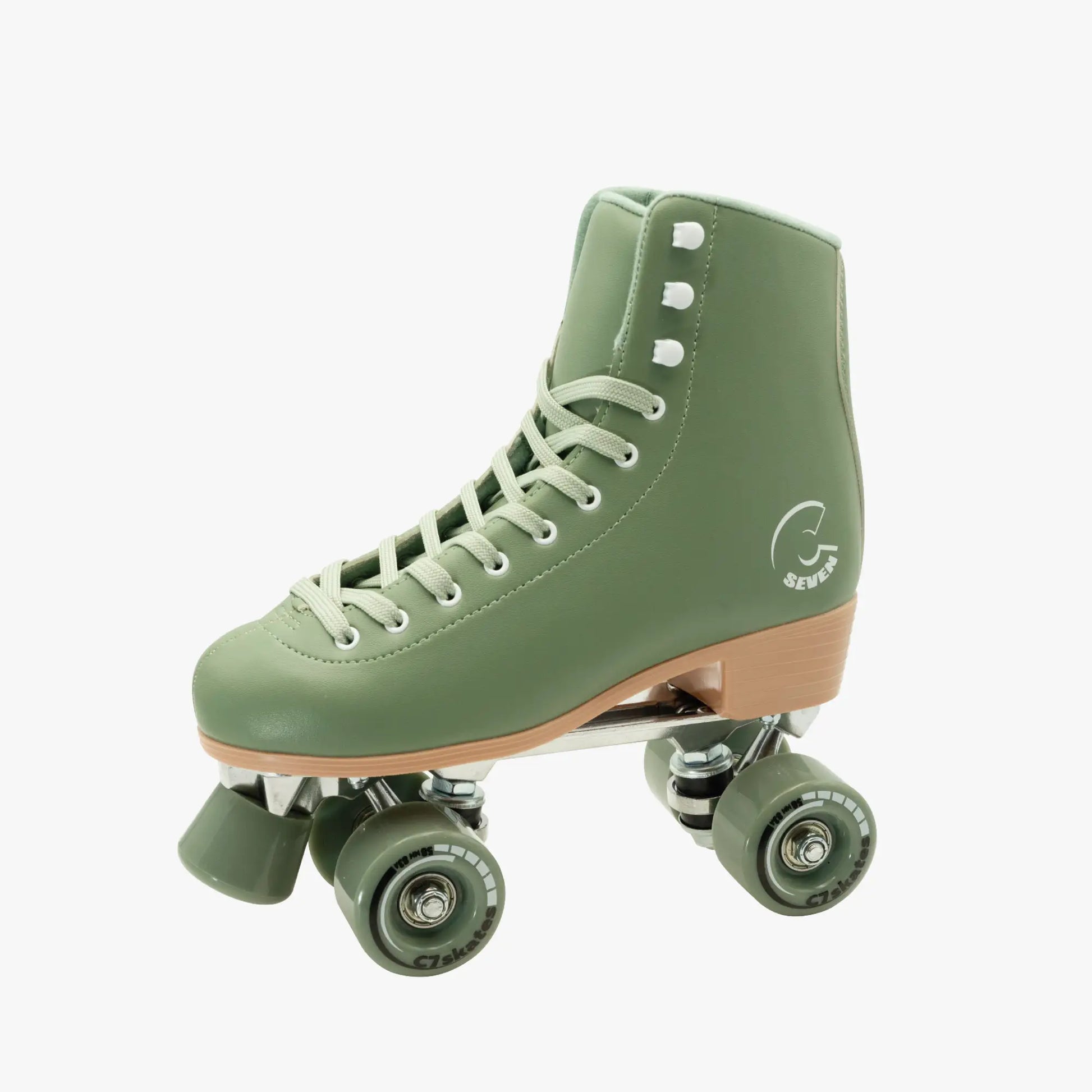 Green roller skate with brown accents featuring the brand 'C7Skates' on a white background