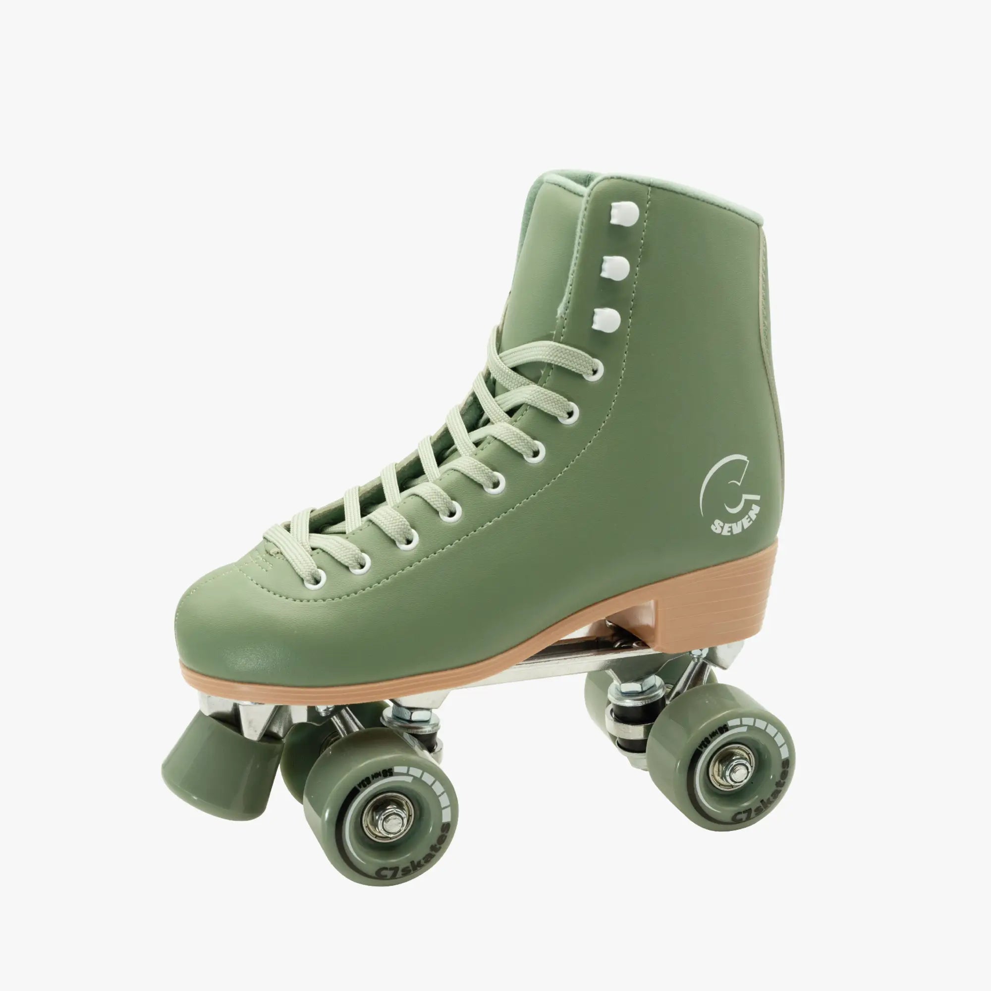 Green roller skate with brown accents featuring the brand 'C7Skates' on a white background