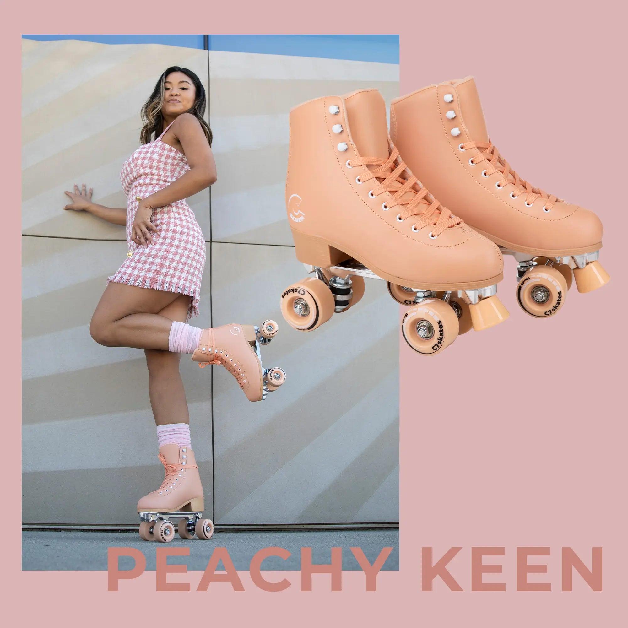 Woman wearing peach roller skates with 'Peachy Keen' branding on a pink background.