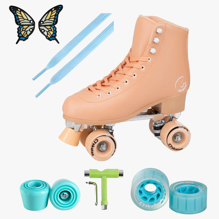 Tan roller skates with accessories a white background.
