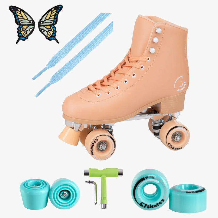 Peach roller skates with accessories on a white background