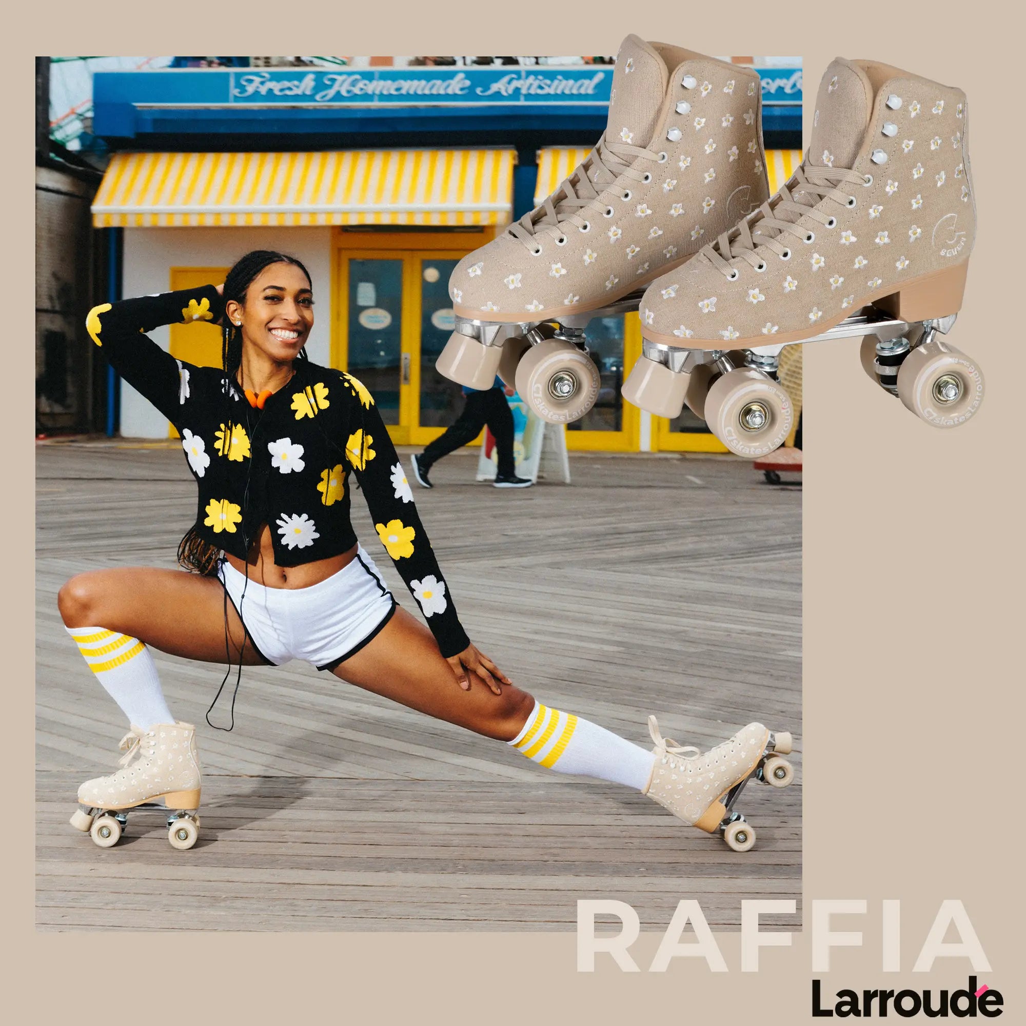 Woman in roller skates with a storefront in the background, featuring Raffia Larroude branding.