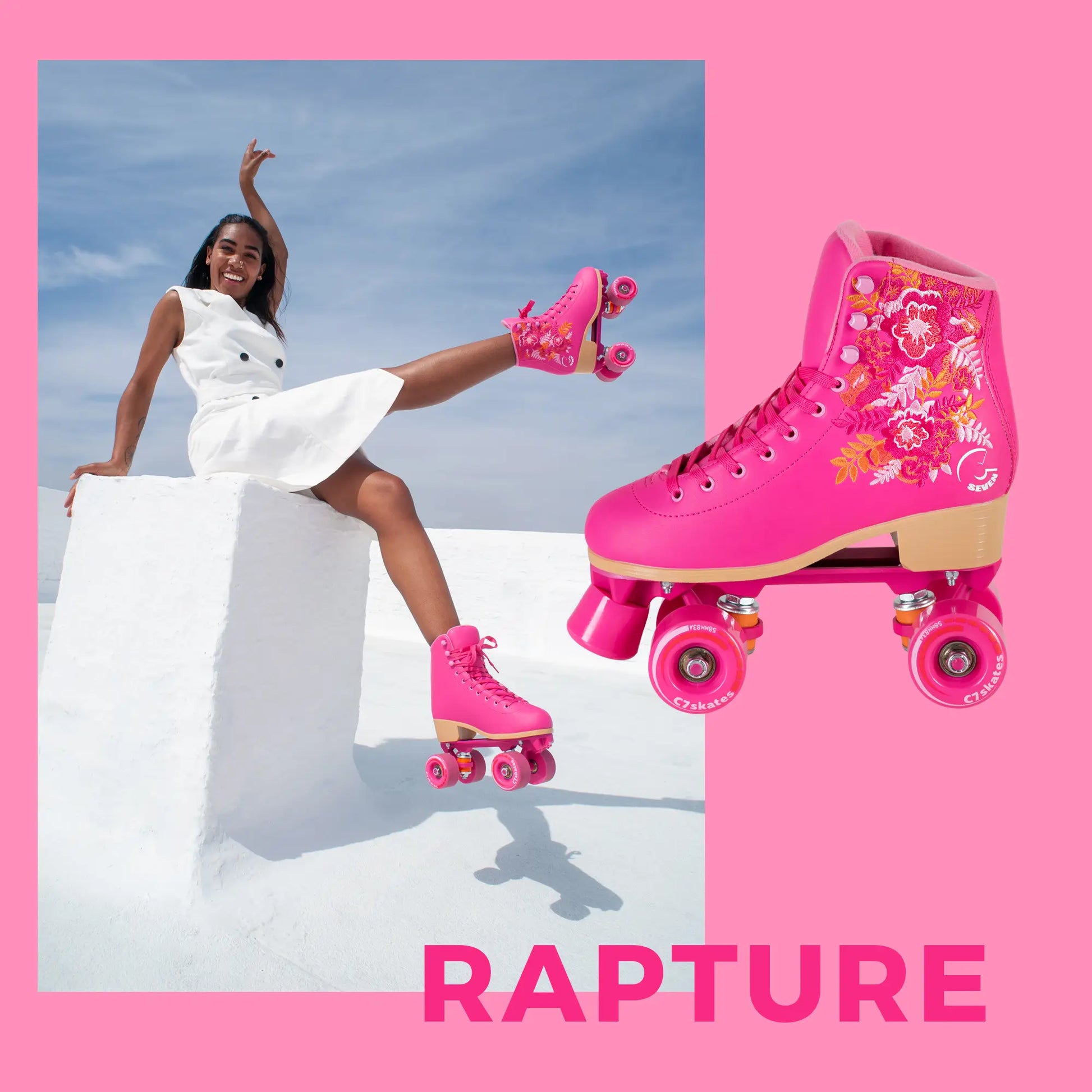 Woman in a white dress with pink roller skates on a pink background, featuring the brand 'Rapture'.