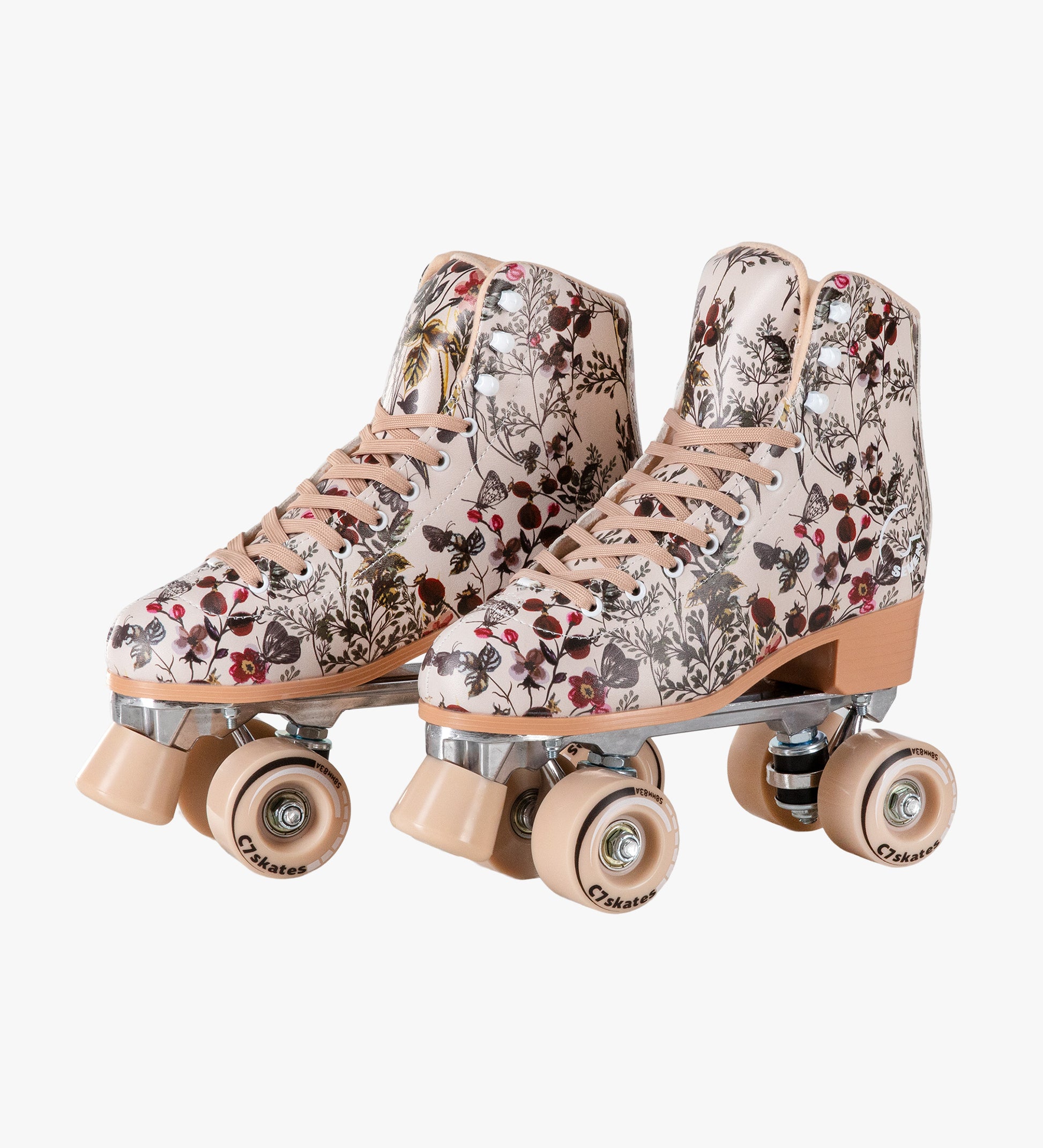 Floral-patterned roller skates on a white background