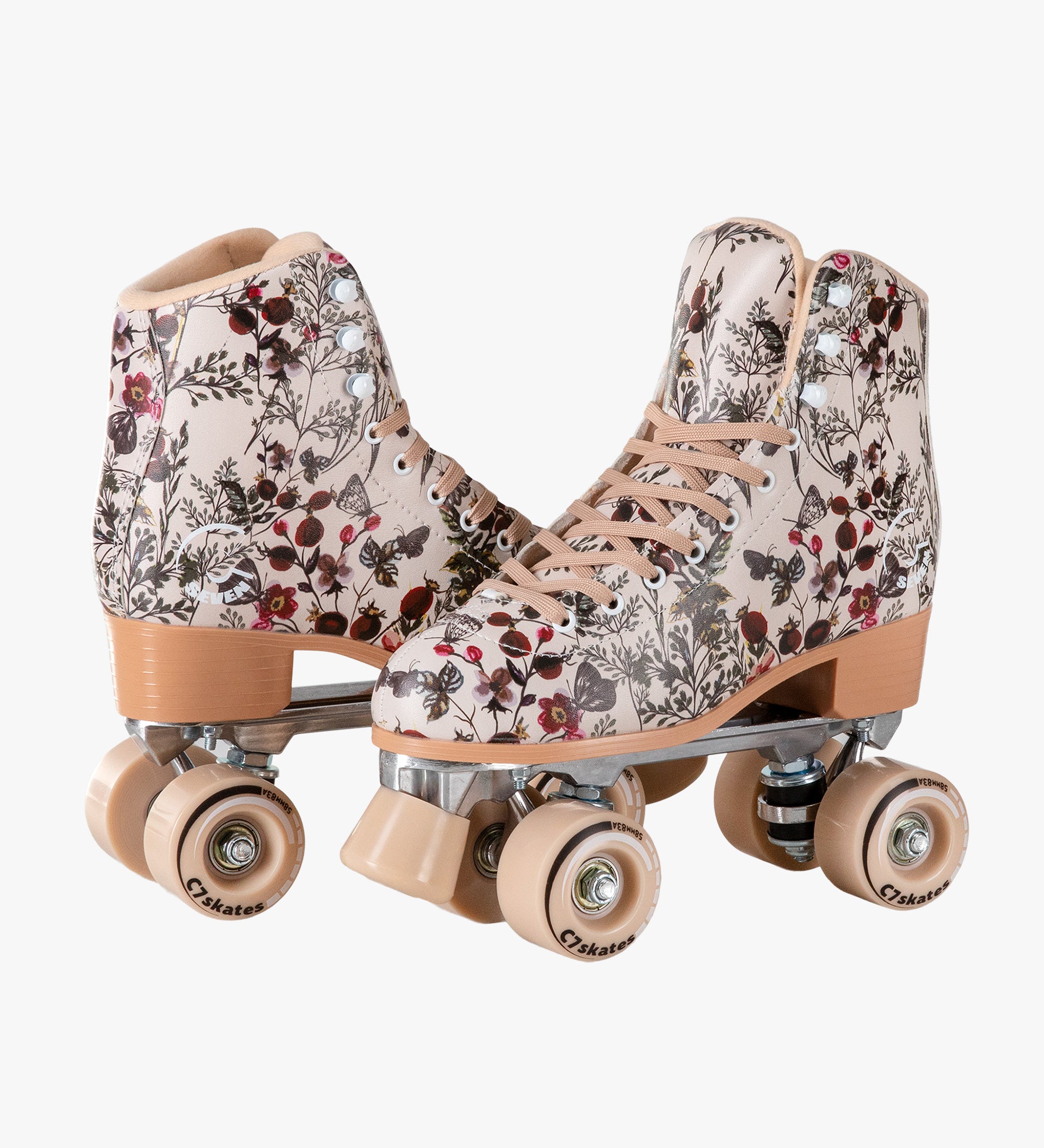 Pair of floral-patterned roller skates on a white background