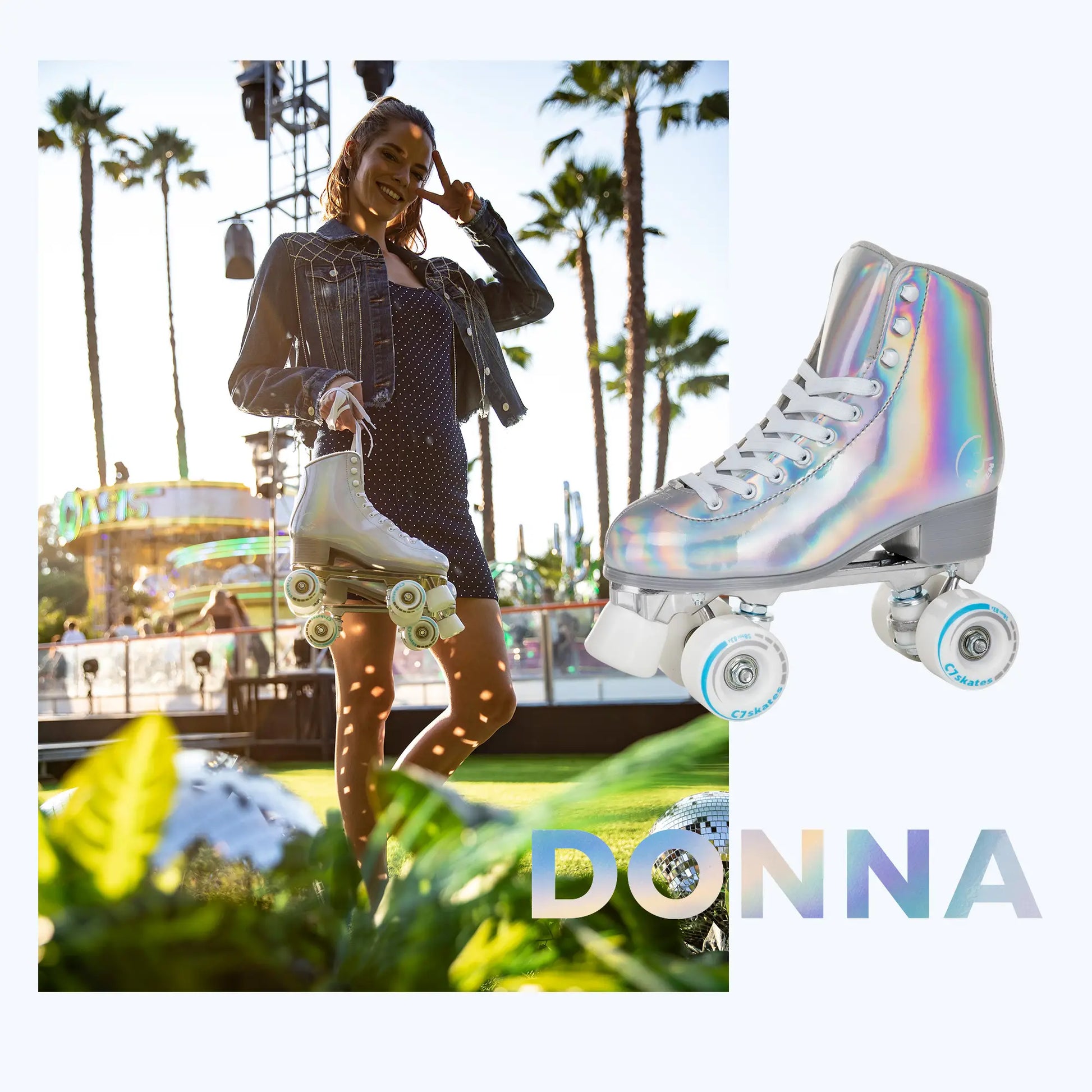 Woman with rainbow roller skates in an outdoor setting, with 'Donna' brand visible.