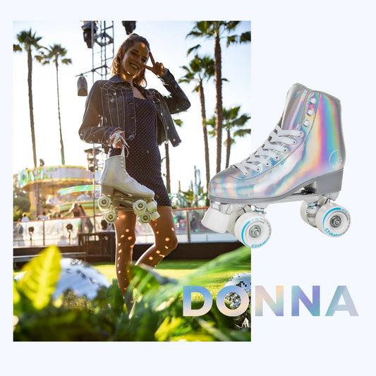 Woman with rainbow roller skates in an outdoor setting, with 'Donna' brand visible.