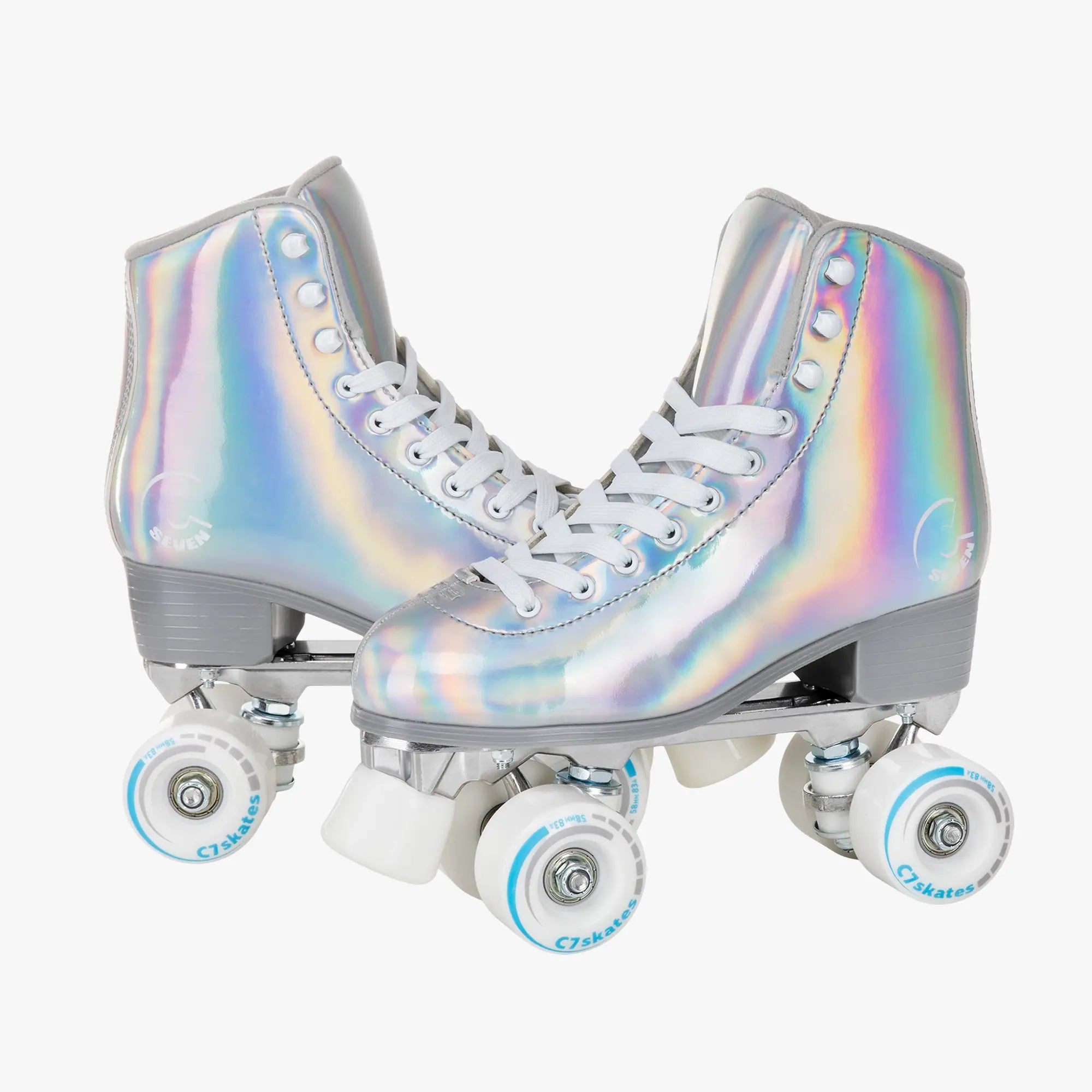Iridescent roller skates on a white background