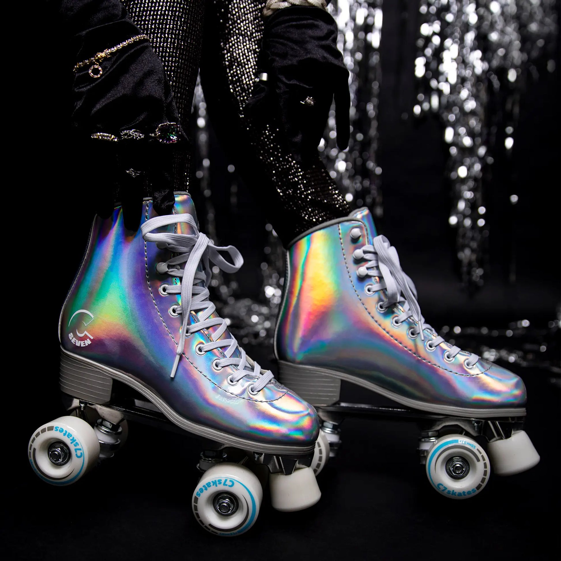Holographic roller skates with a shiny background