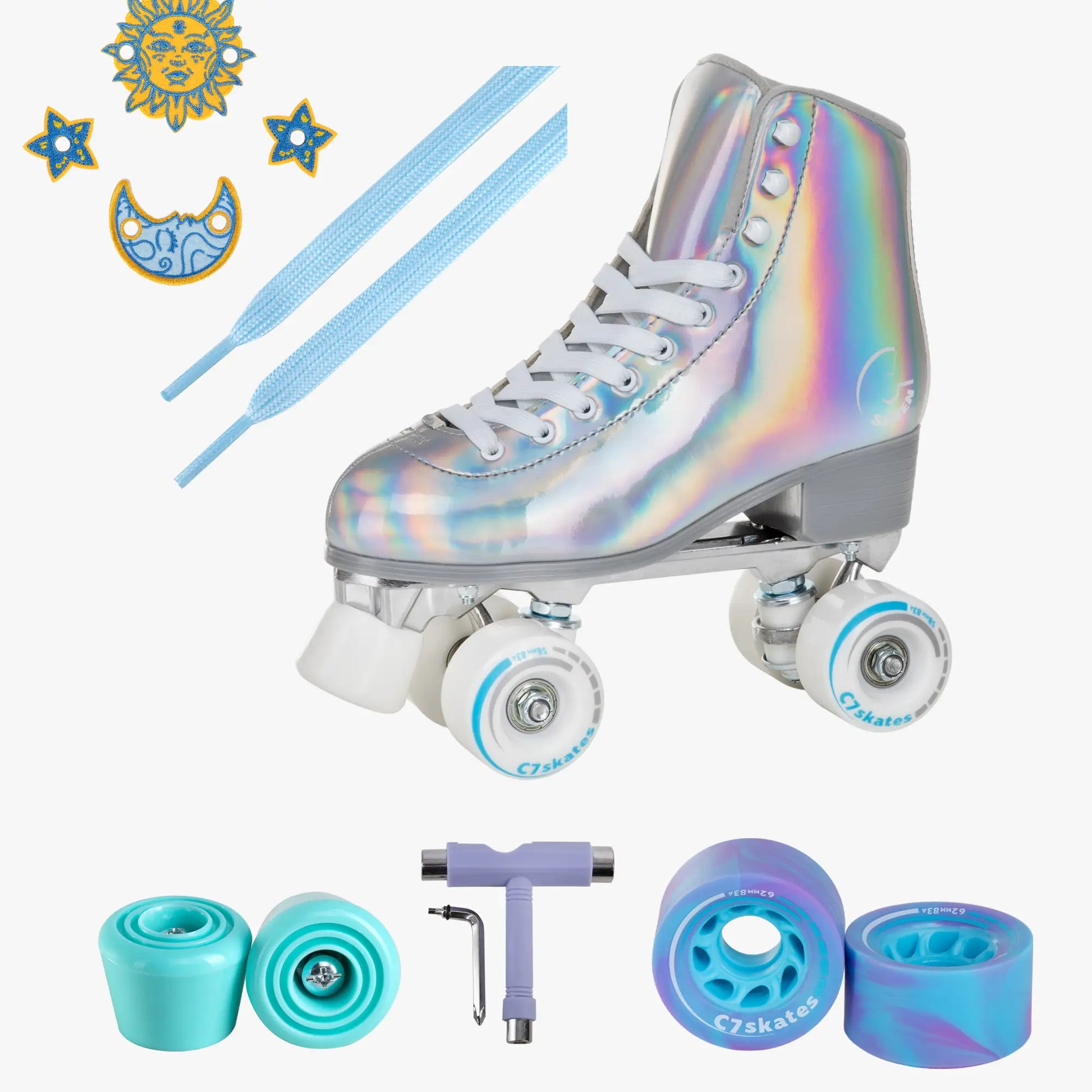 Iridescent roller skate with tools and spare wheels on a white background