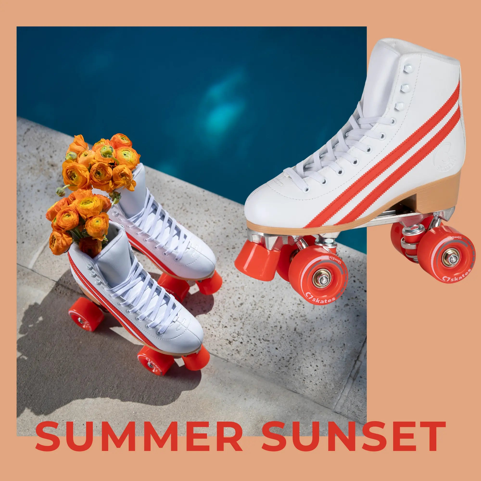 White roller skates with red accents and orange flowers by a poolside, labeled 'Summer Sunset'.