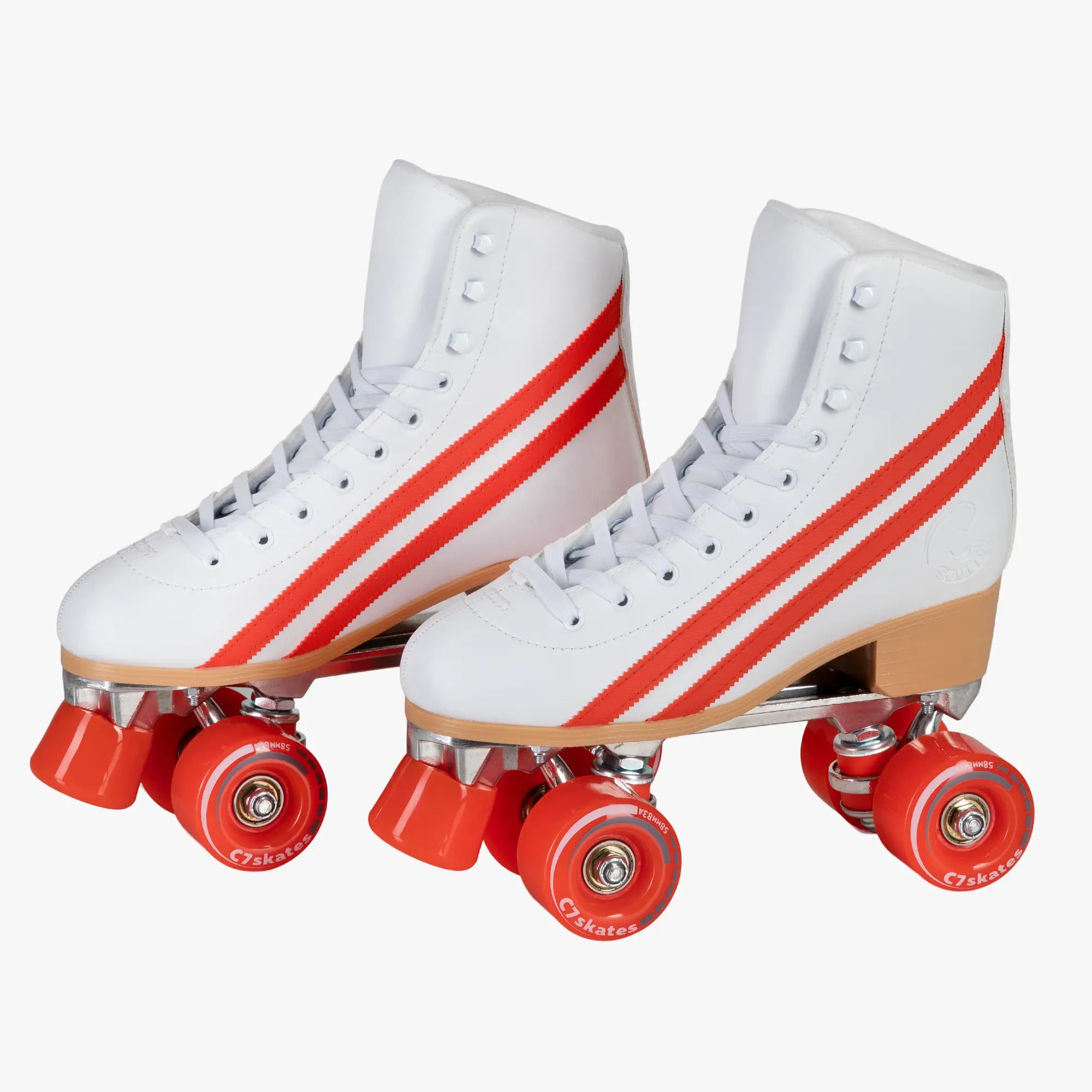 White roller skates with red stripes and red wheels on a white background
