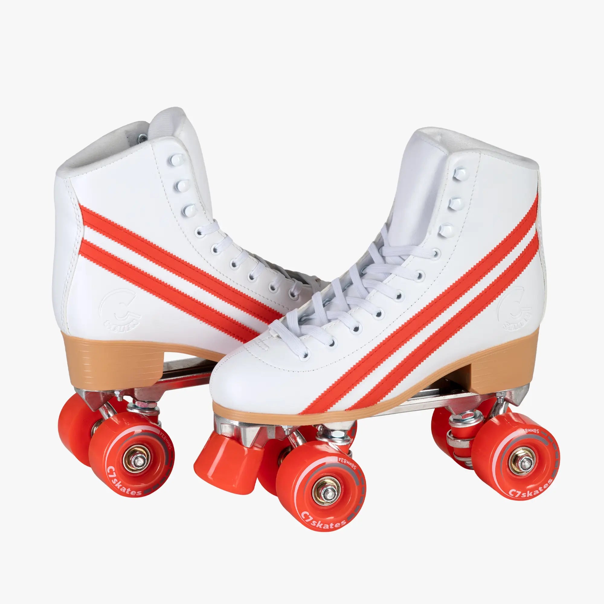 White roller skates with red stripes and red wheels on a white background