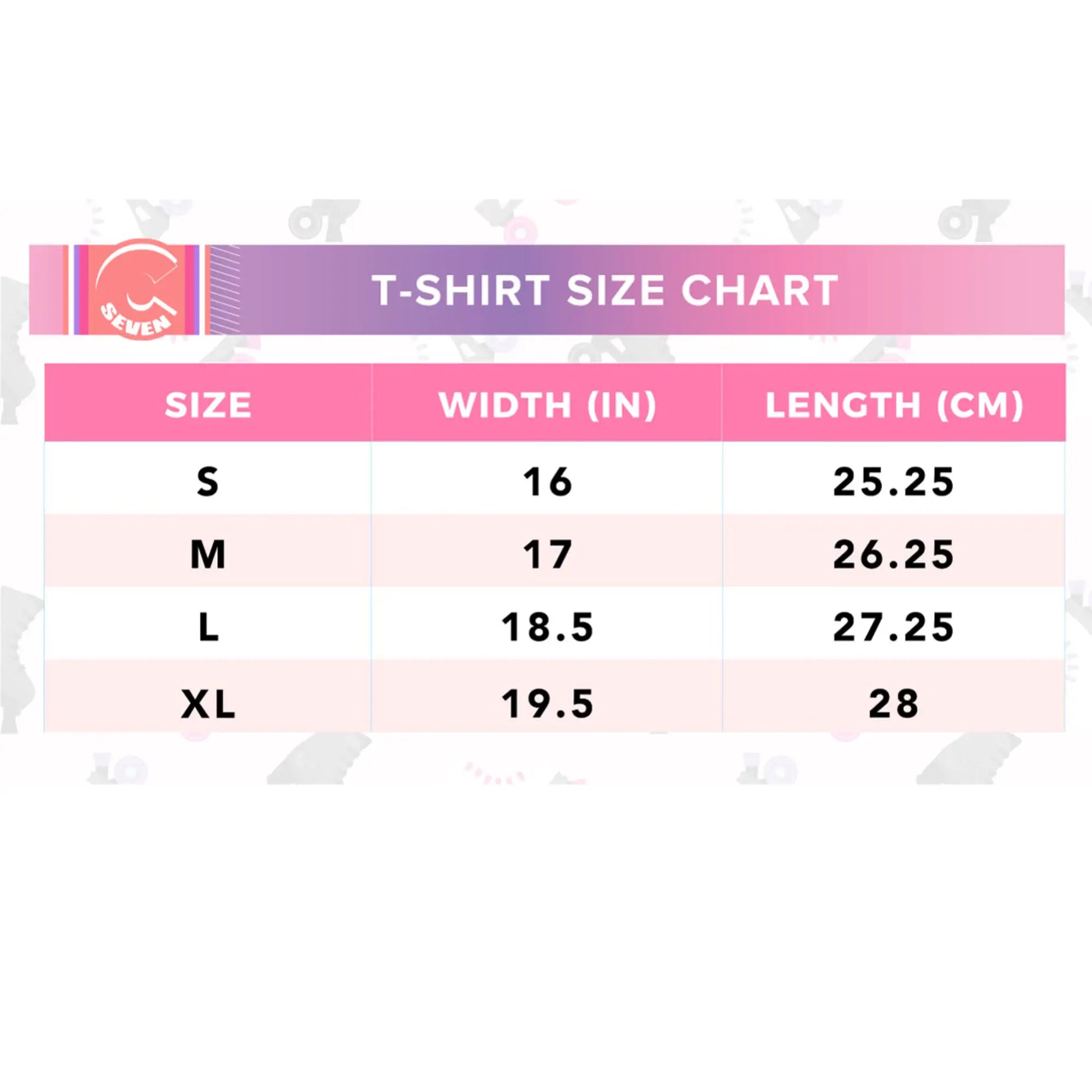 T-shirt size chart with dimensions for sizes S, M, L, and XL.