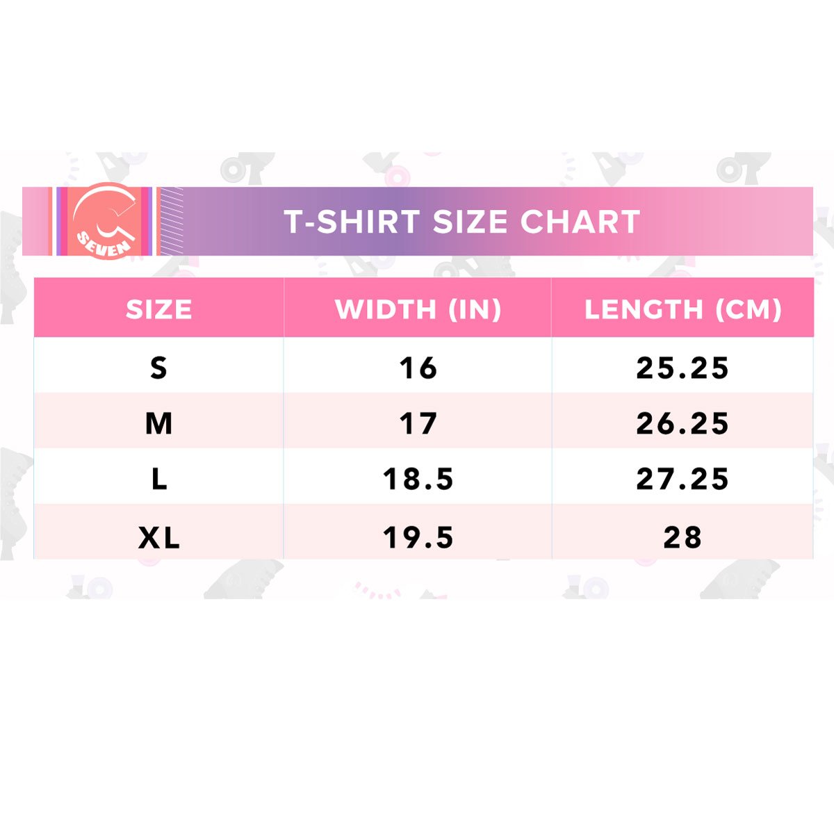 T-shirt size chart with dimensions for sizes S, M, L, and XL on a pink and purple background.
