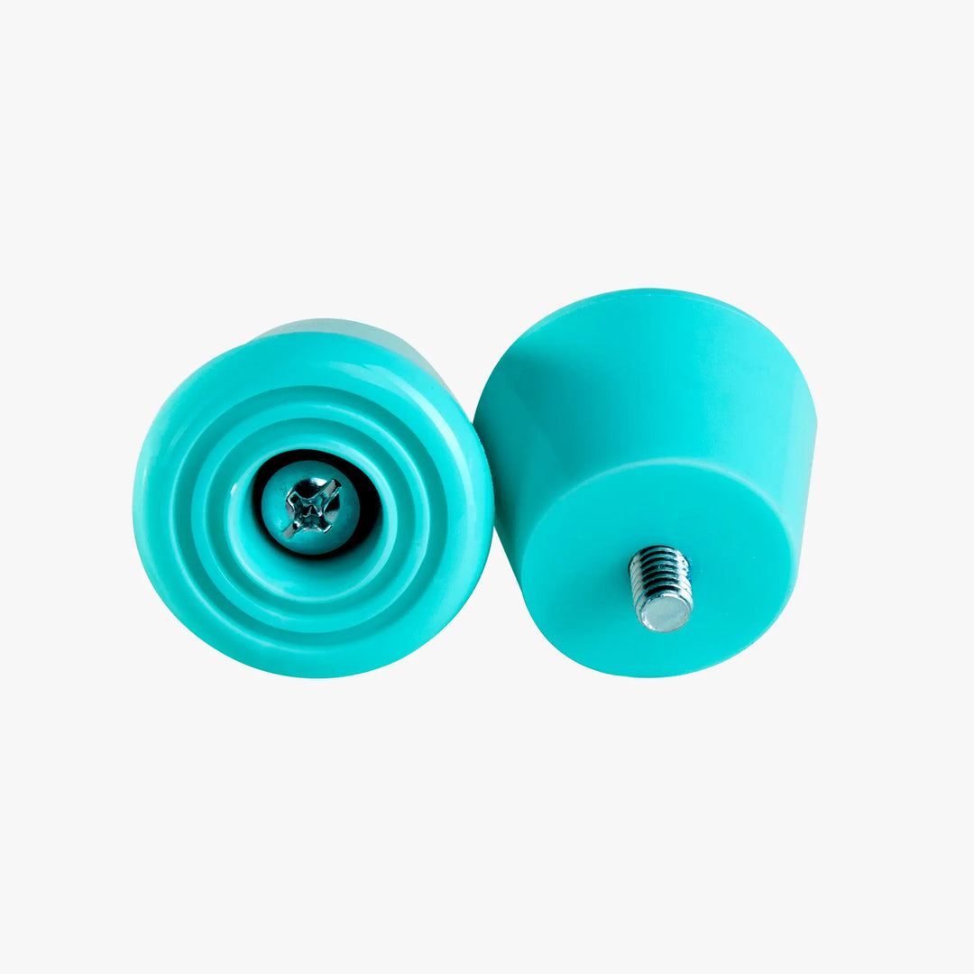 Two turquoise stoppers on a white background