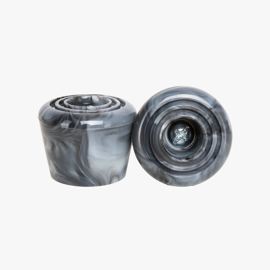 Two gray marbled stoppers on a white background