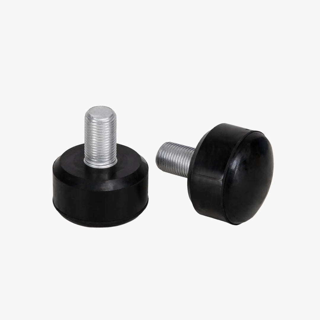 Two black rubber bumper feet with metal screws on a white background