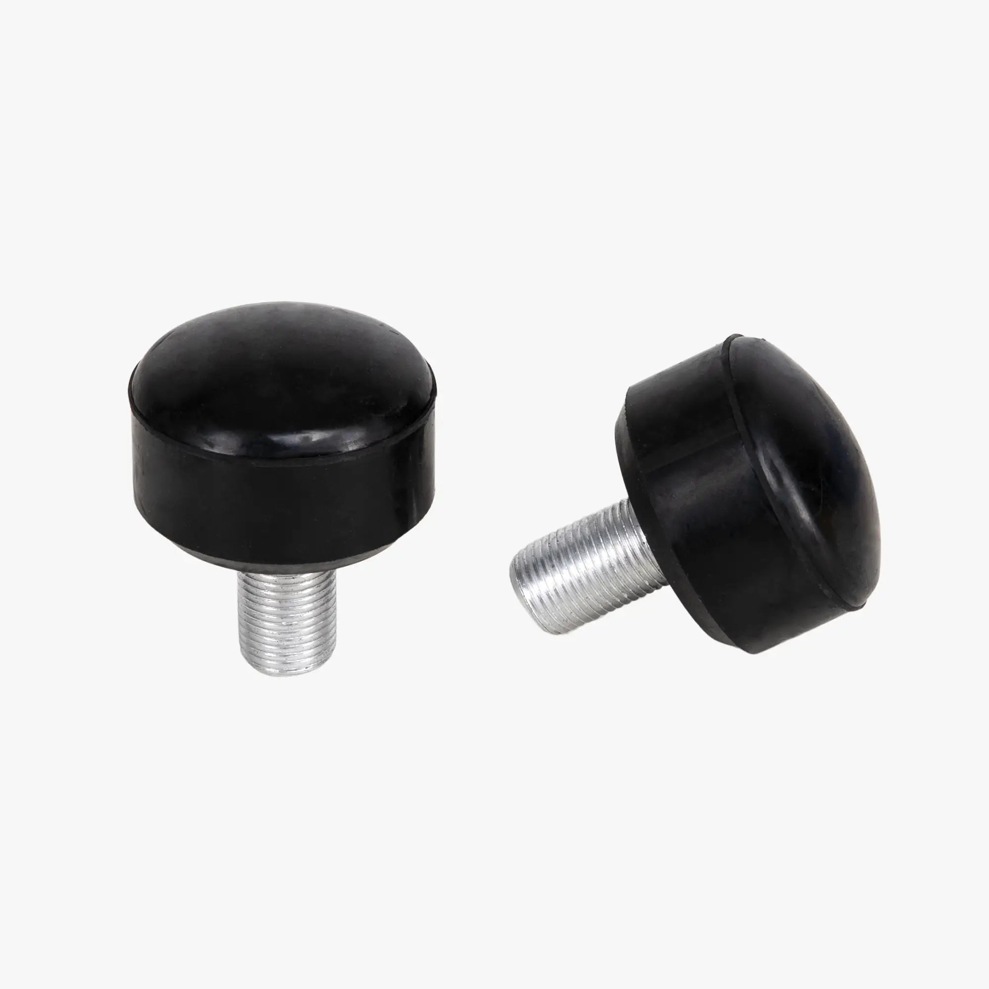 Two black plastic knobs with threaded metal shafts on a white background