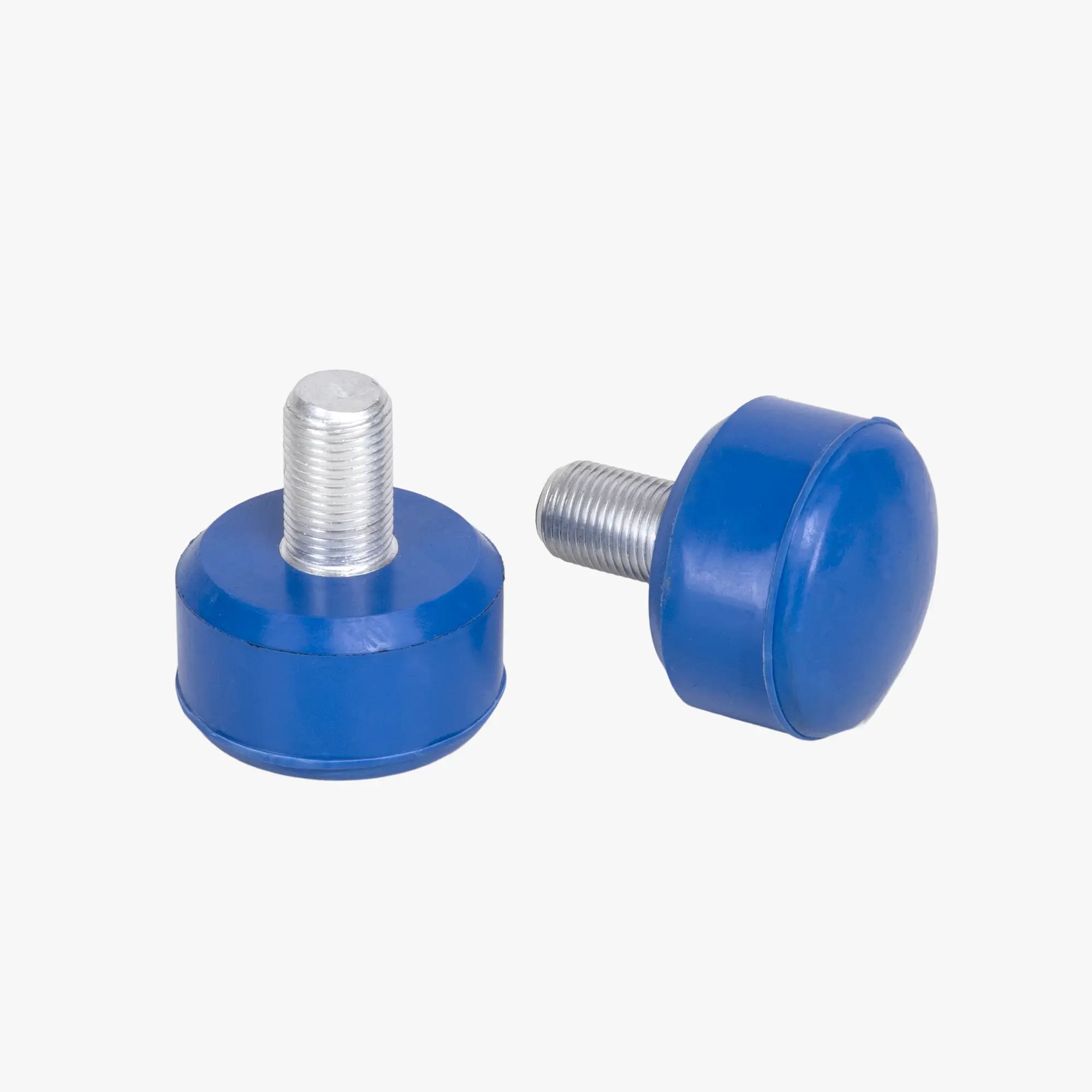 Two blue threaded plugs with metal screws on a white background