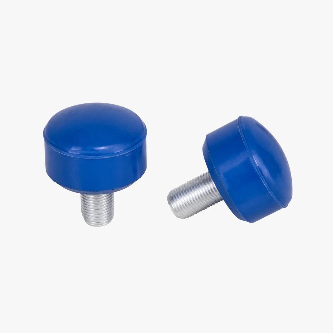 Two blue knobs with metal screws on a white background