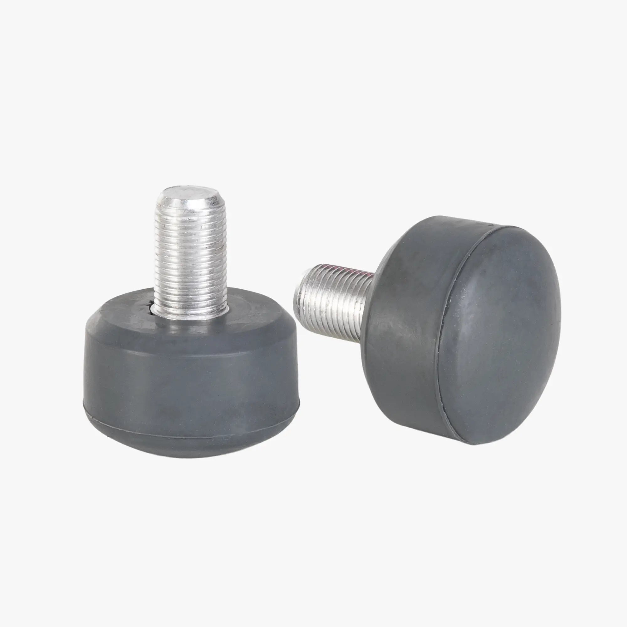 Two gray stoppers with metal screws on a white background