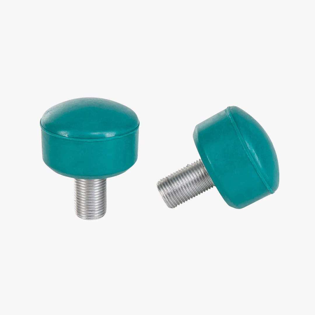 Two green knobs with threaded shafts on a white background