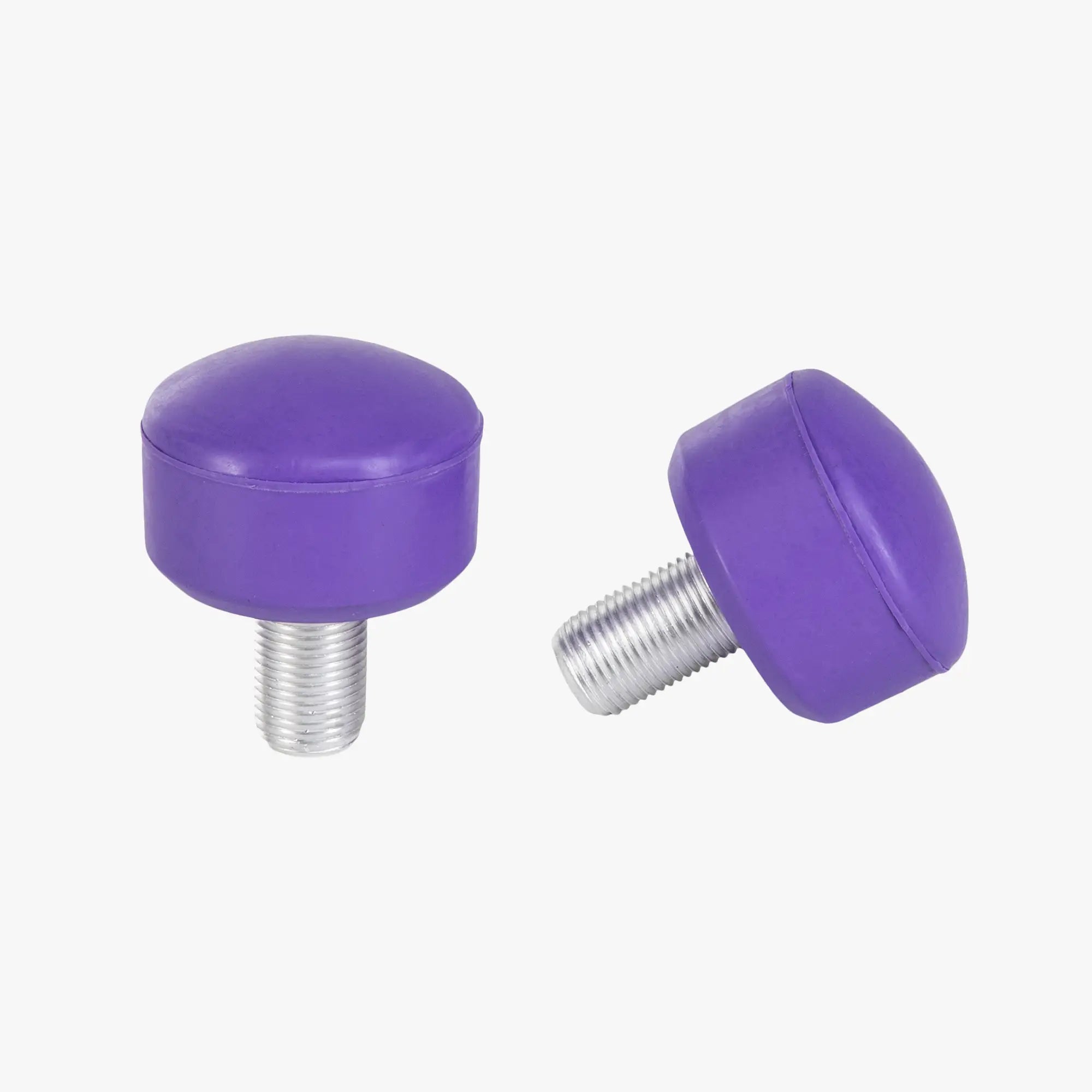 Two purple knobs with metal screws on a white background