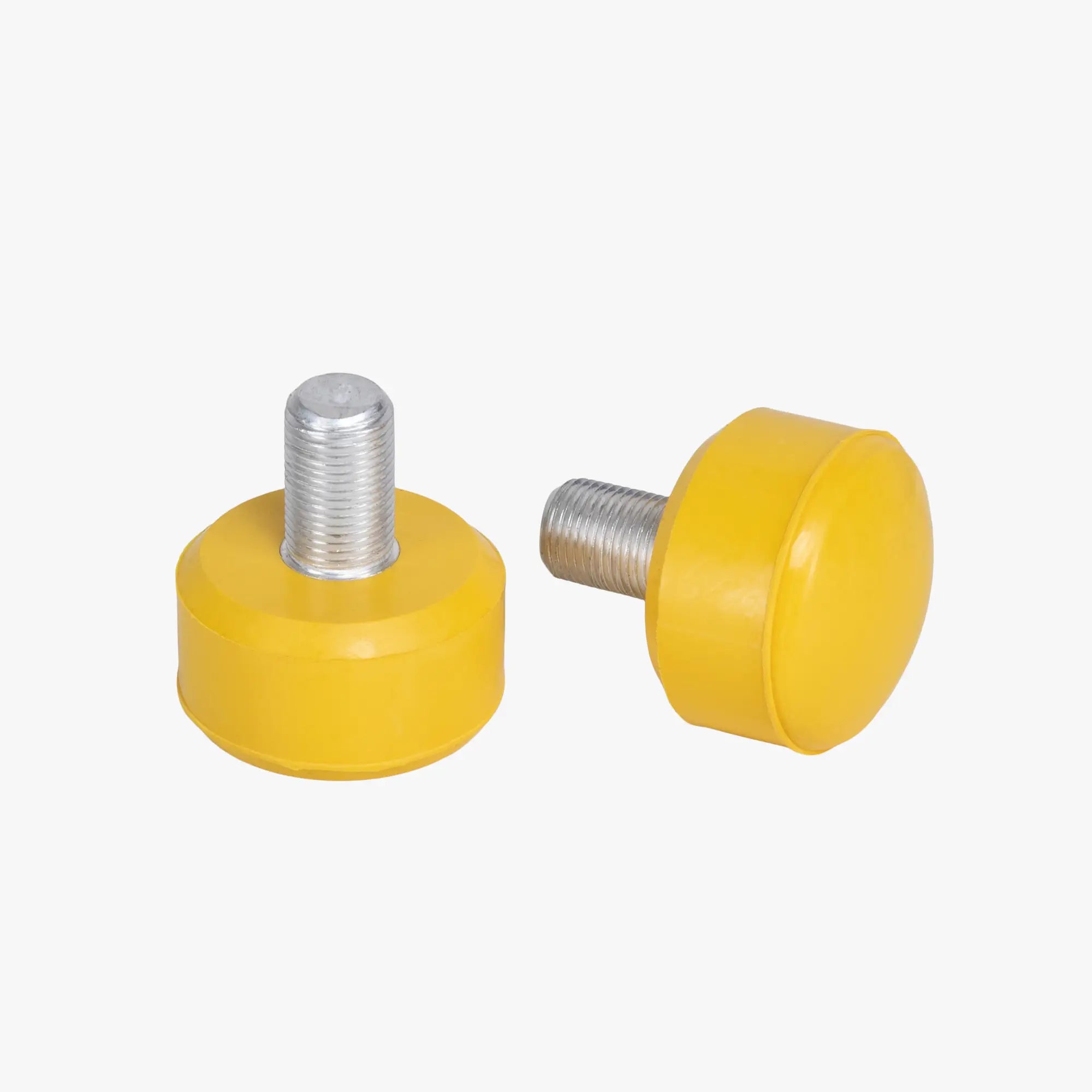 Two yellow floor protectors with metal screws on a white background