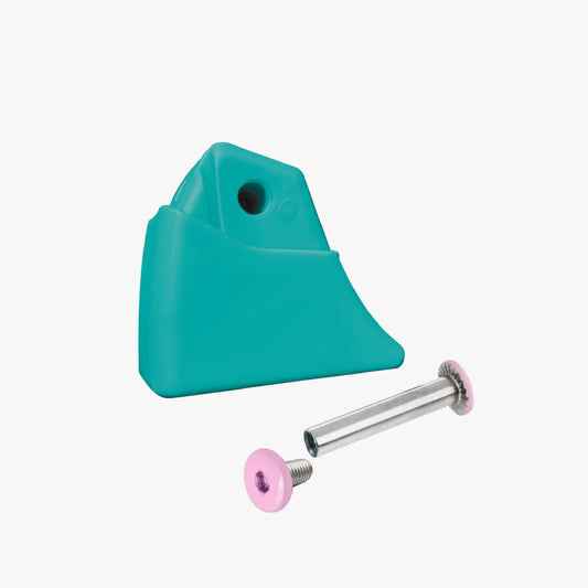 Turquoise plastic bracket with a metal rod and pink washers on a white background