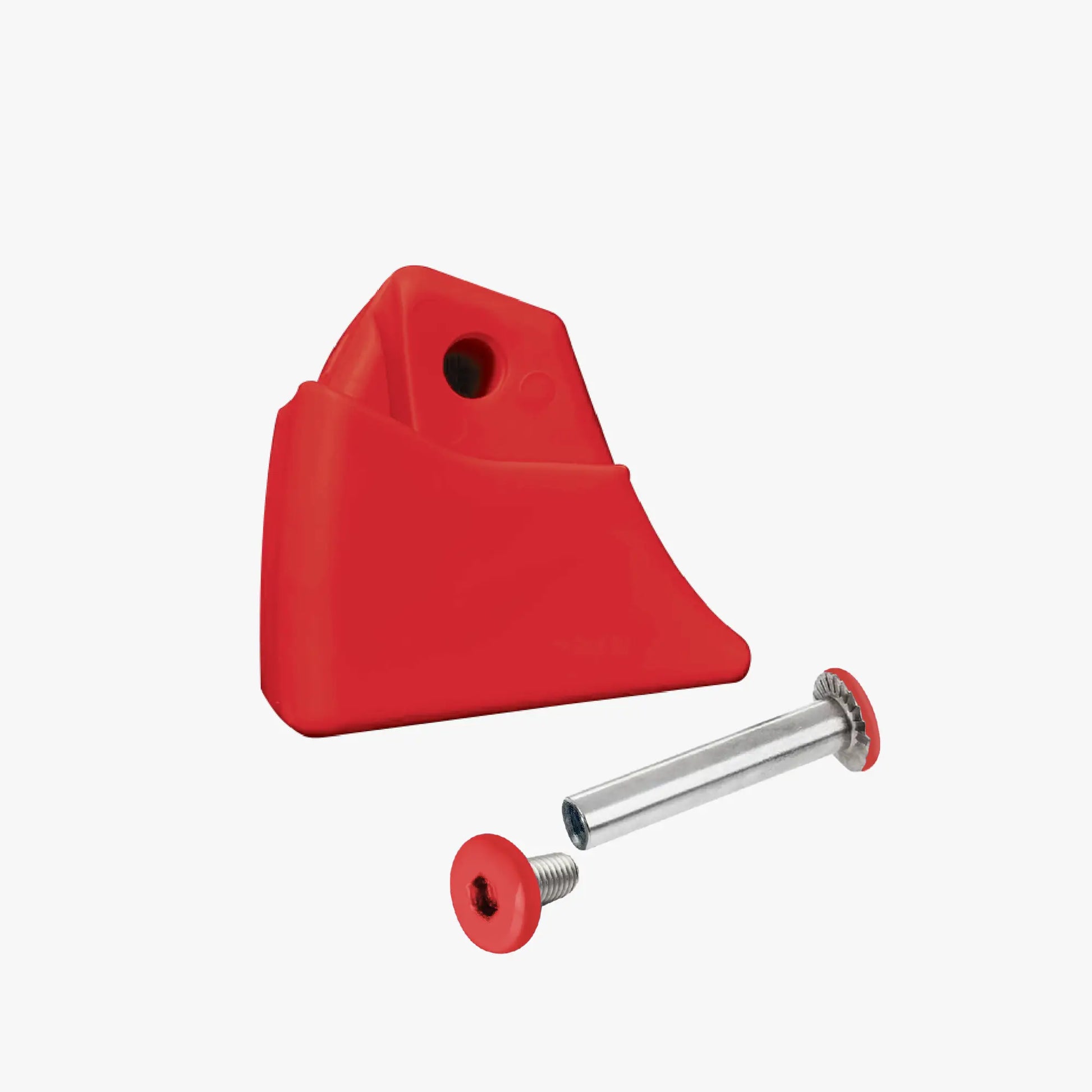 Red triangular plastic bracket with a metal rod and screw on a white background