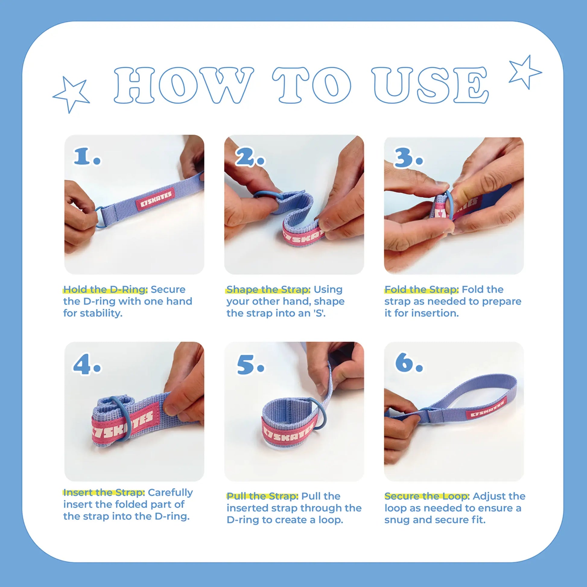 Step-by-step guide on how to use a D-ring with a strap, displayed on a white background.