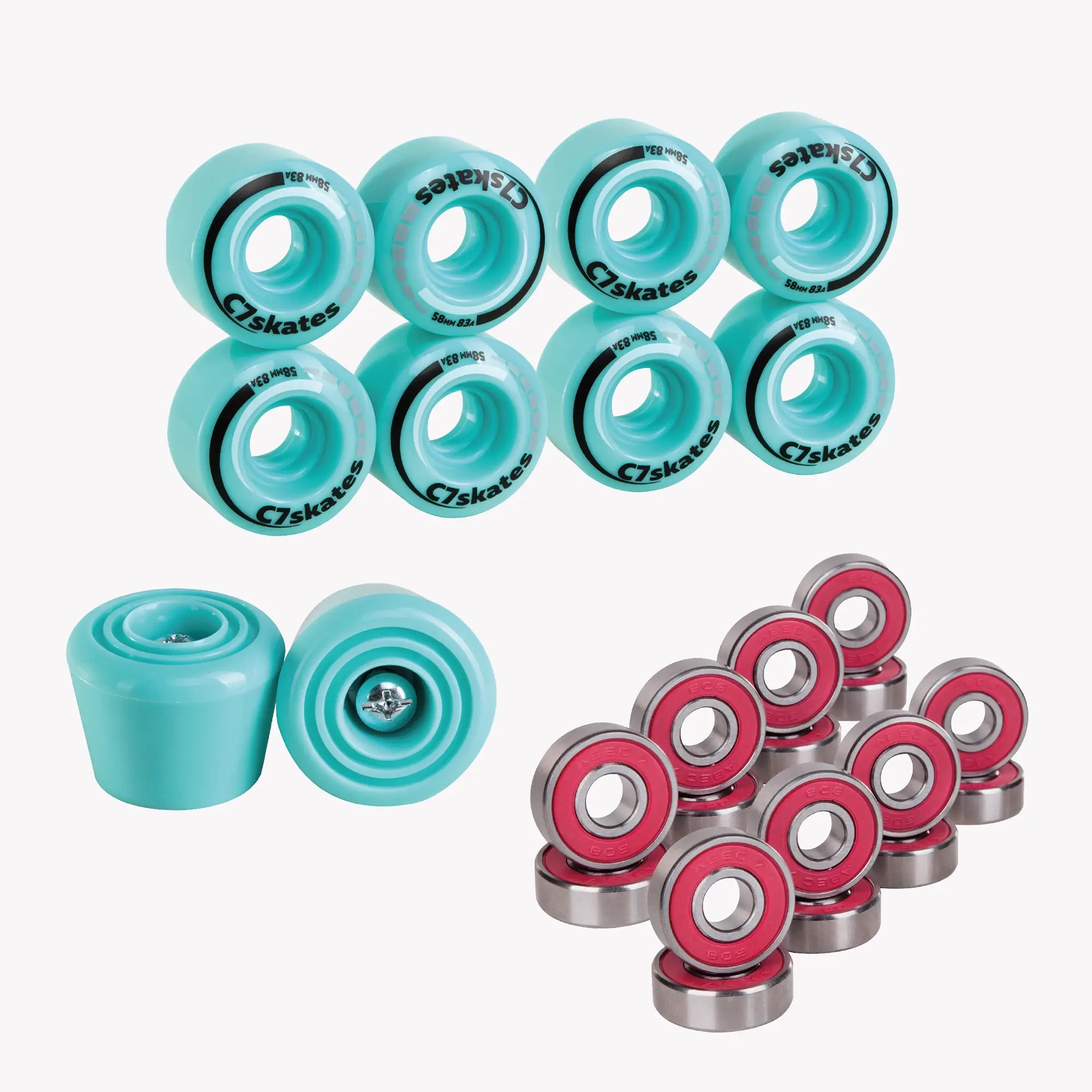 Set of turquoise skates wheels and bearings on a white background