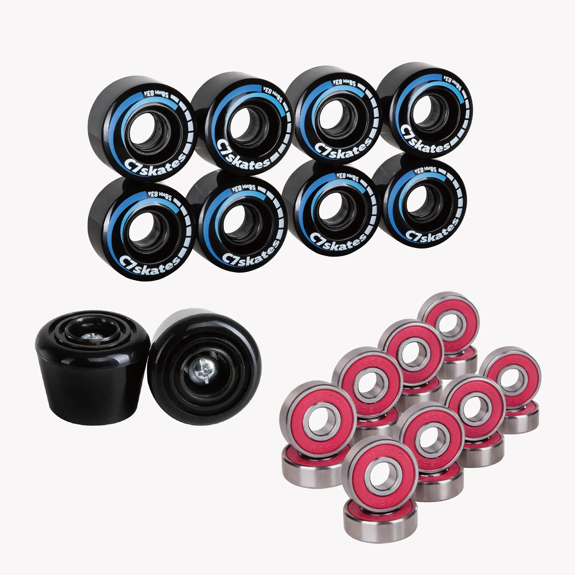 Collection of skates bearings and wheels color black with blue accents on a white background