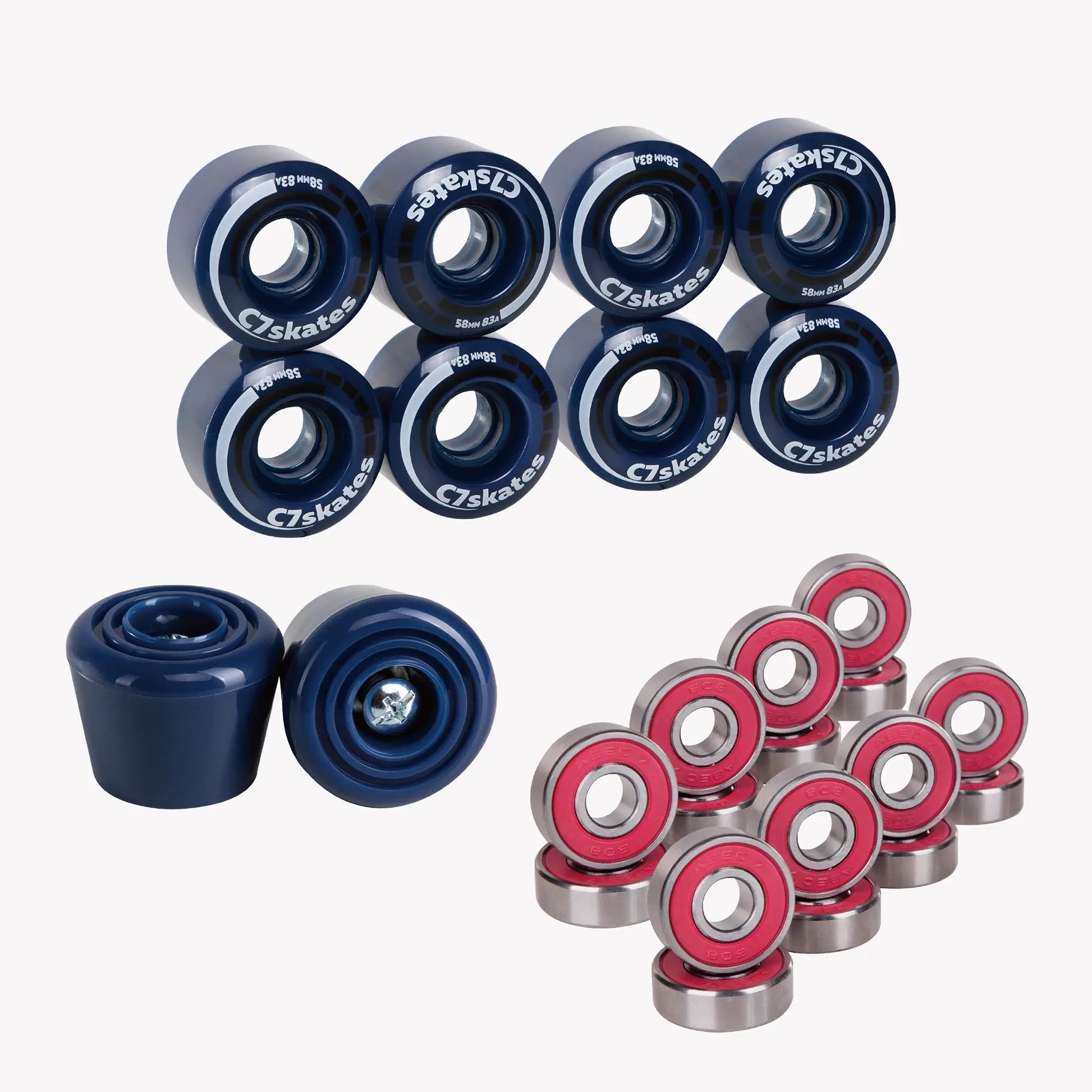 Collection of blue skates wheels and bearings on a white background