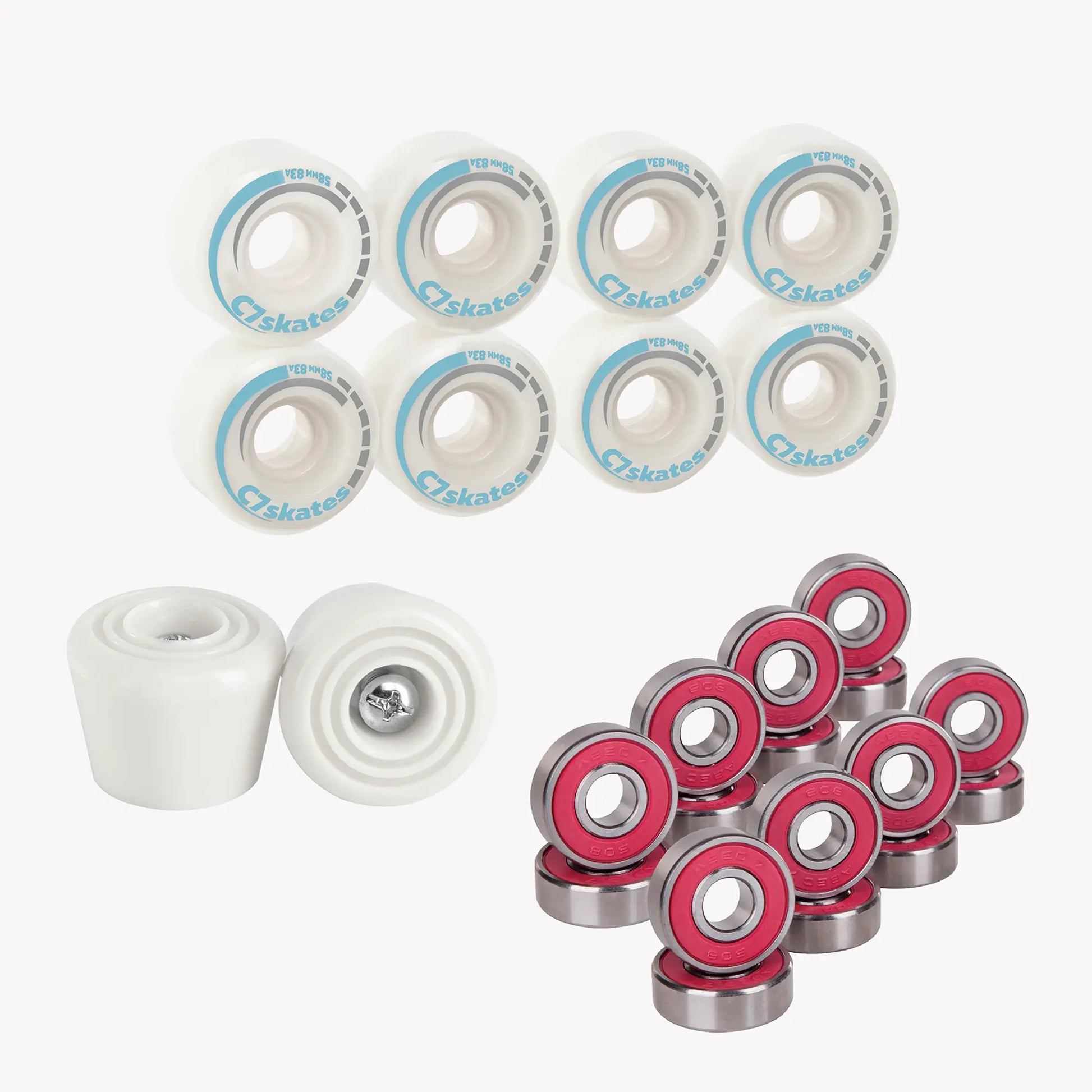 Set of white and silver roller skates bearings and wheels on a white background