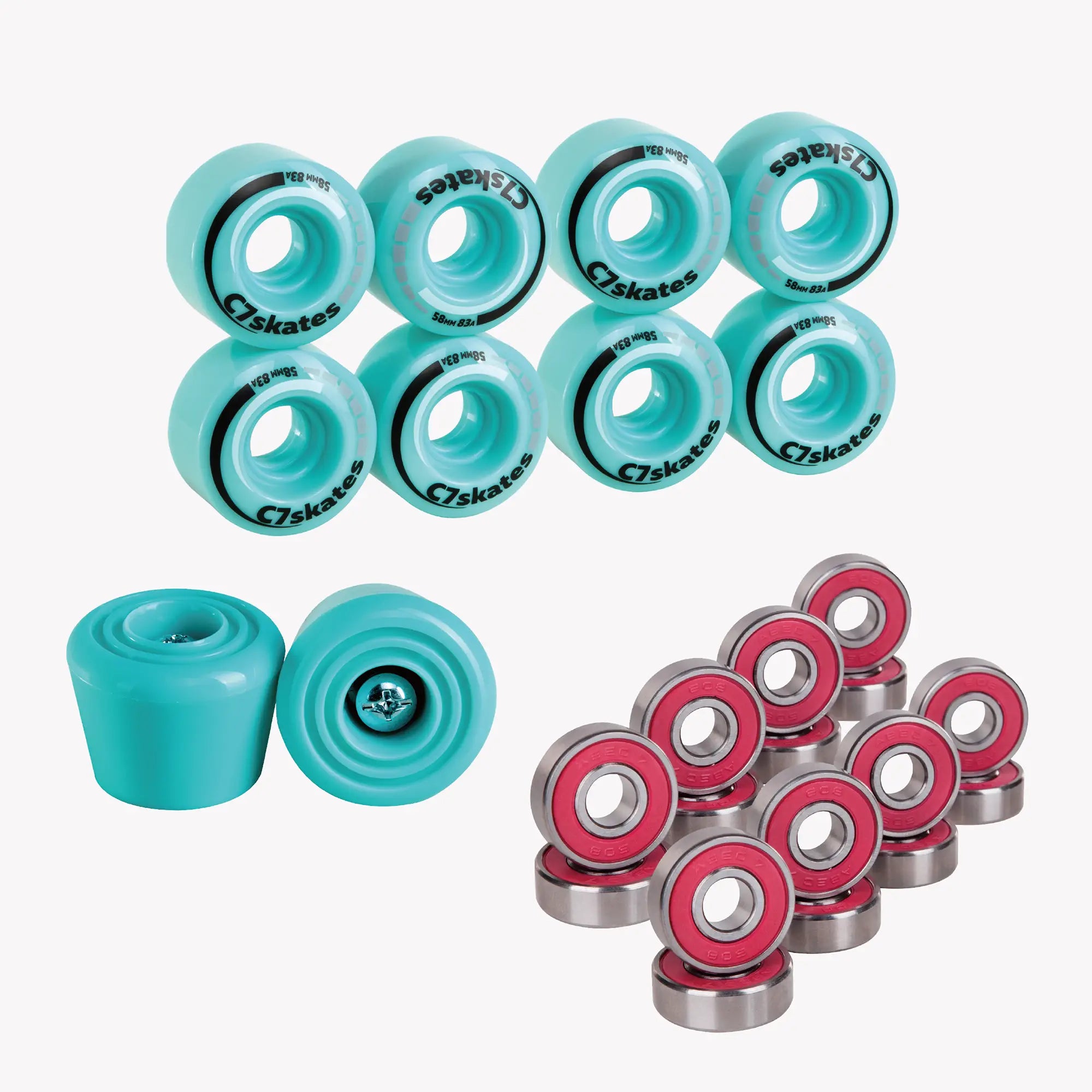 Roller Skate Wheels, Stoppers, Bearings Combo - Teal – C7Skates Roller Skate Wheels, Stoppers, Bearings Combo - Teal – C7Skates