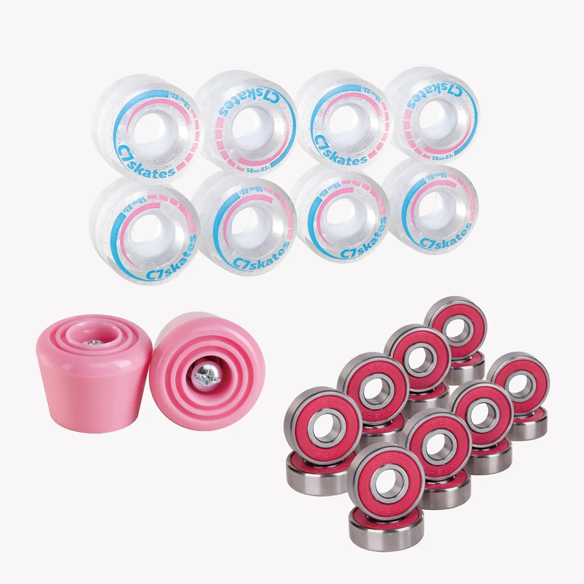 Set of C7skates roller skates wheels bearings and wheels on a white background