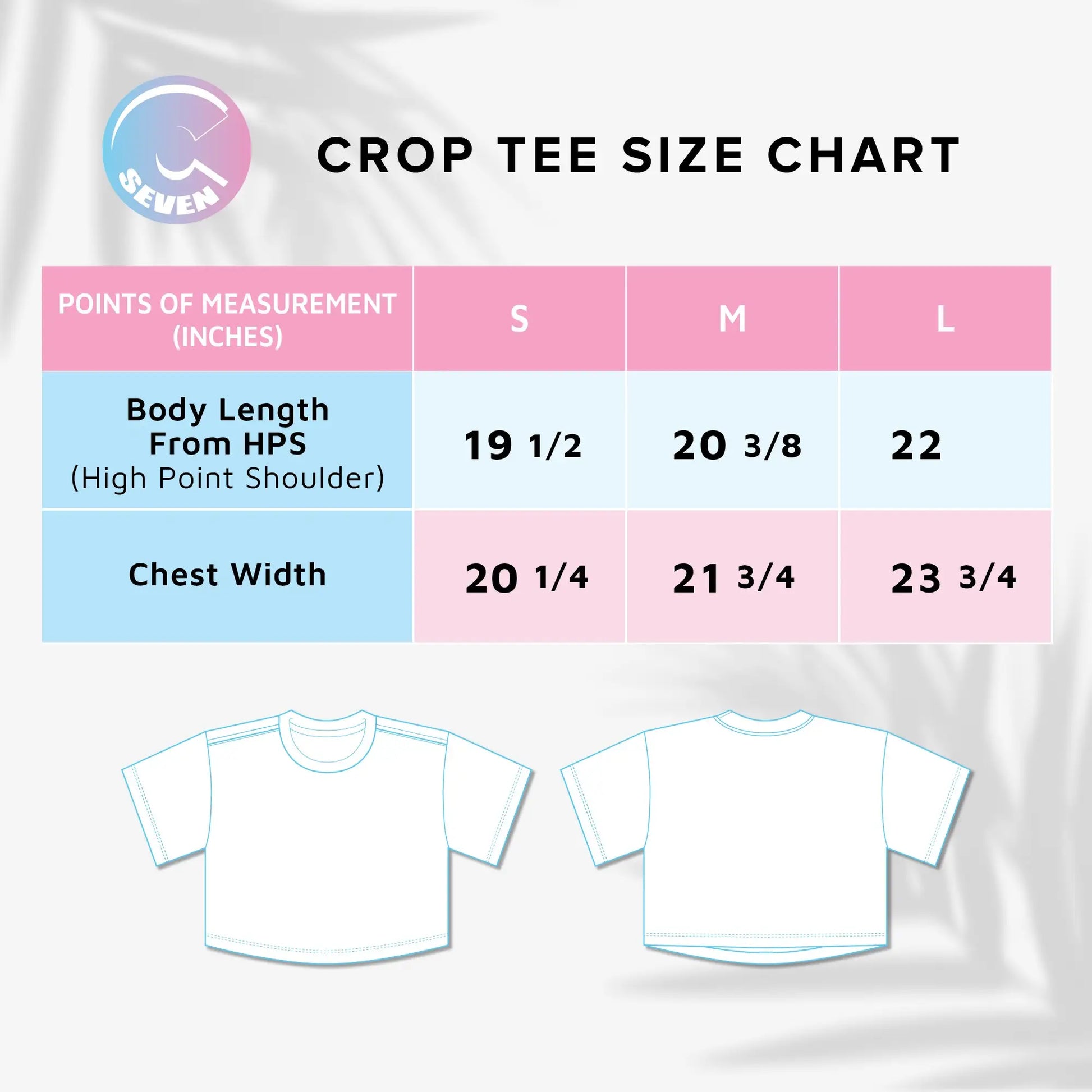 Crop tee size chart with measurements for S, M, and L sizes on a white background.