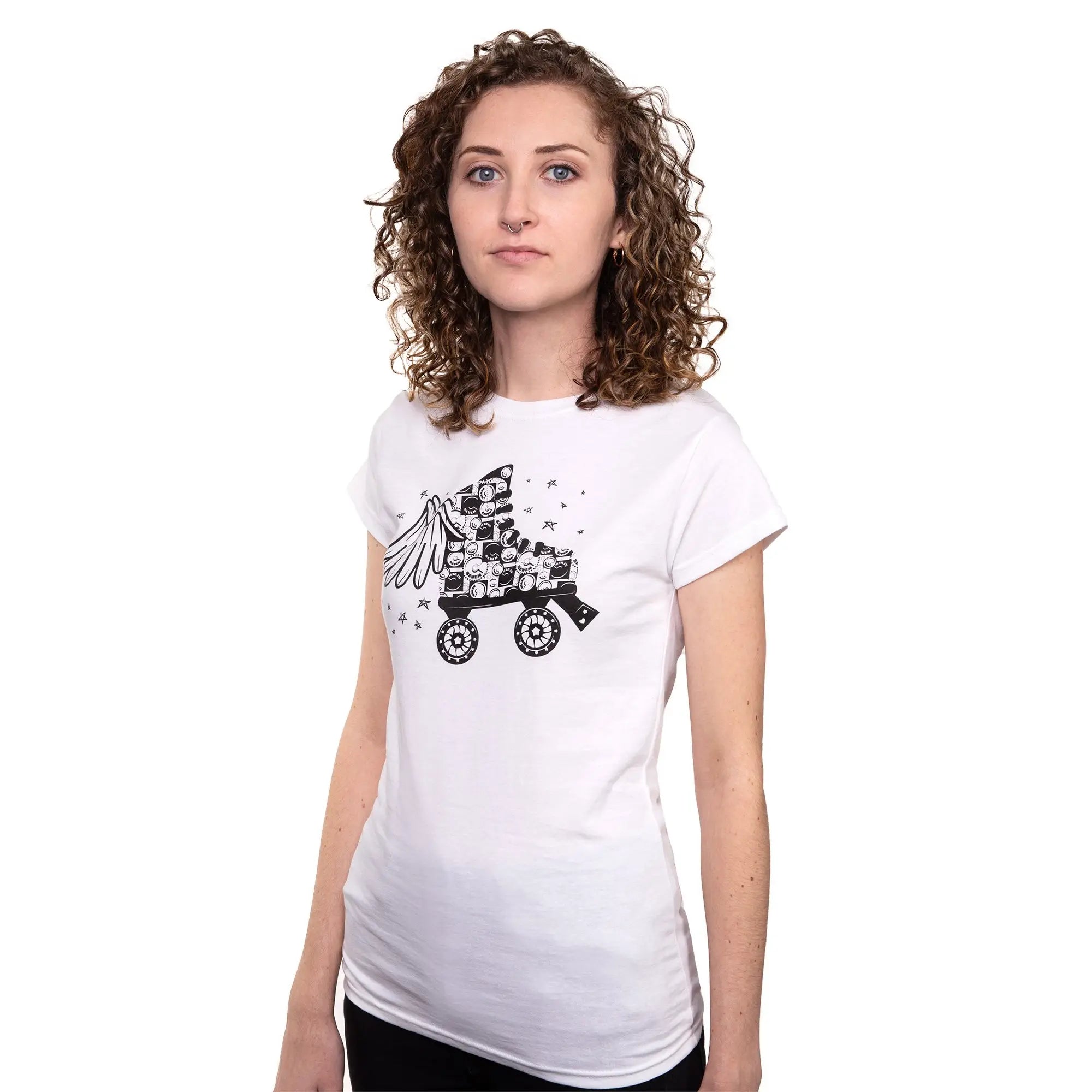 Woman wearing a white t-shirt with a black graphic design on a white background