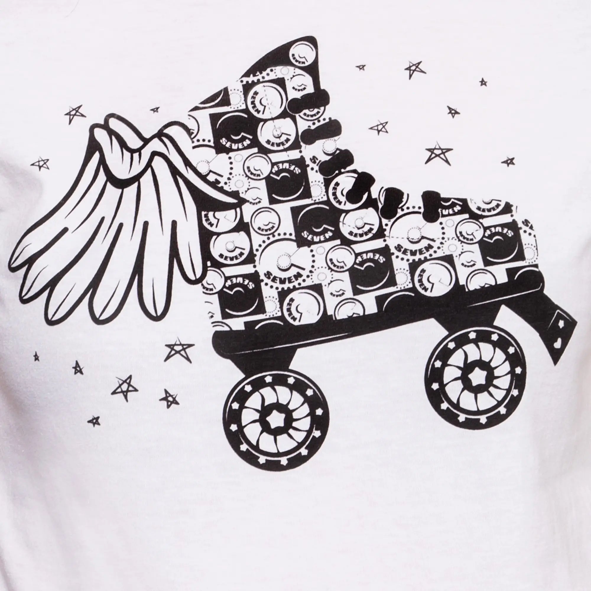 Black and white illustration of a roller skate with a patterned bag on a white background