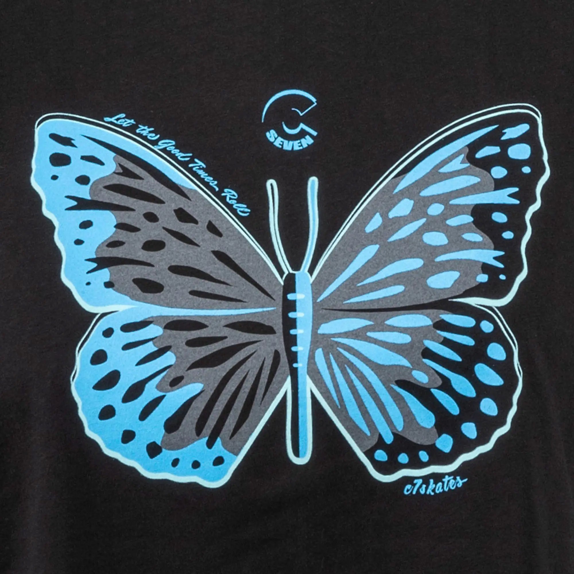 Black t-shirt with a blue butterfly design and text on a black background