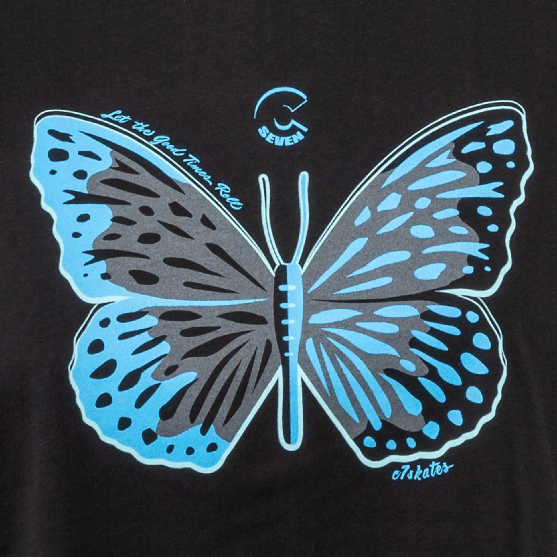 Black t-shirt with a blue butterfly design and text on a black background